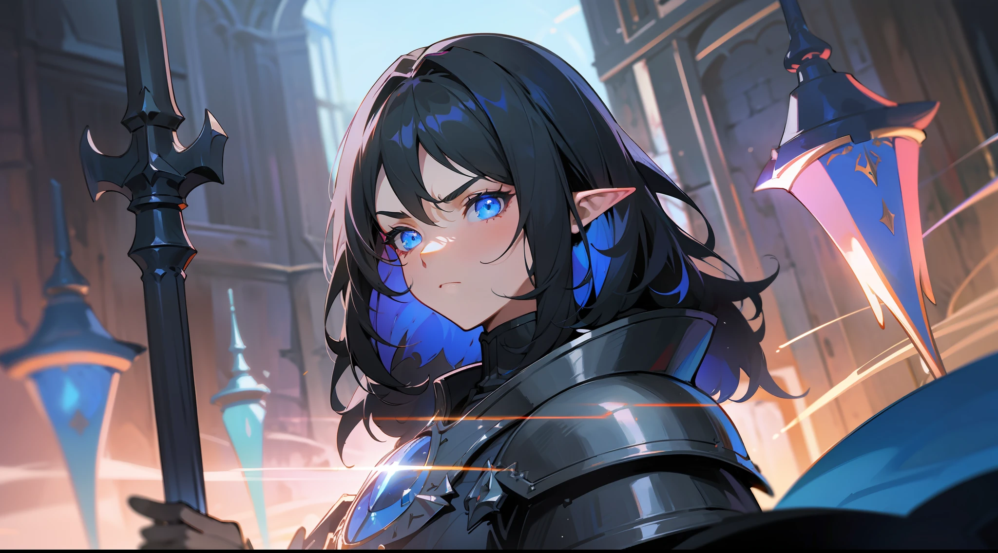 elf, short black hair, blue eyes, paladin, black heavy armor, dark blue cape, large shoulder pads, heroic pose, serious expression, fantasy, medieval, night, dark dungeon, lens reflection, glow