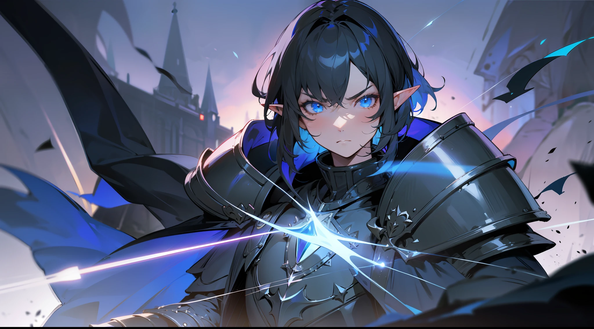 elf, short black hair, blue eyes, paladin, black heavy armor, dark blue cape, large shoulder pads, heroic pose, serious expression, fantasy, medieval, night, dark dungeon, lens reflection, glow
