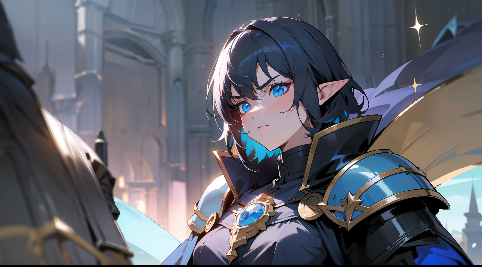 elf, short black hair, blue eyes, paladin, black heavy armor, dark blue cape, large shoulder pads, heroic pose, serious expression, fantasy, medieval, night, dark dungeon, lens reflection, glow