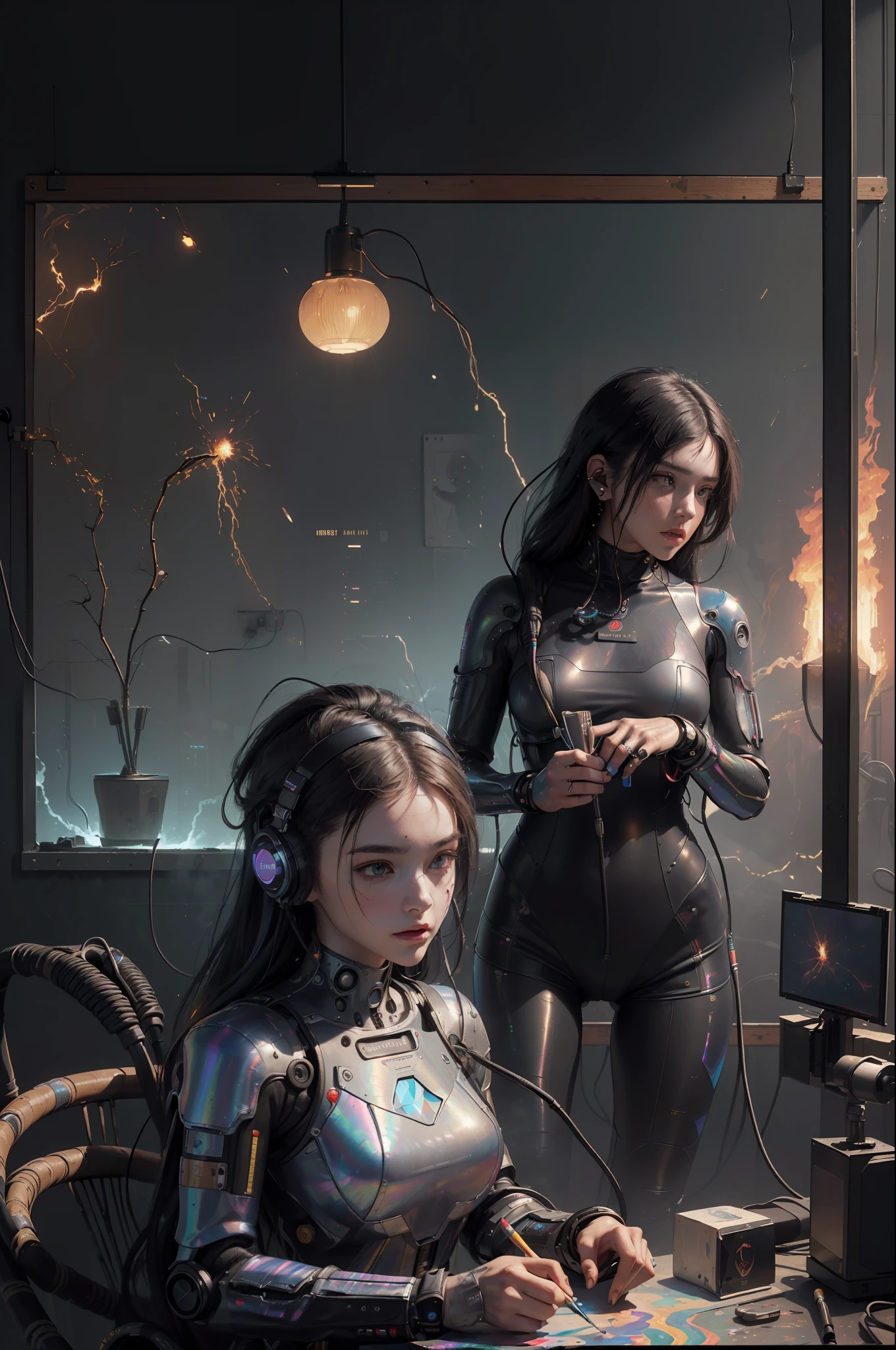 (masterpiece, best quality, highres, absurdres, detailed:1.2), humanoid, robot, wearing headphones, looking away, (cyberpunk, art canvas, paint brush, easel, iridescent, holographic: 1.6), (cables, wires, flames, fire, smoke, overheat, explosion, indoors, room, simple background)