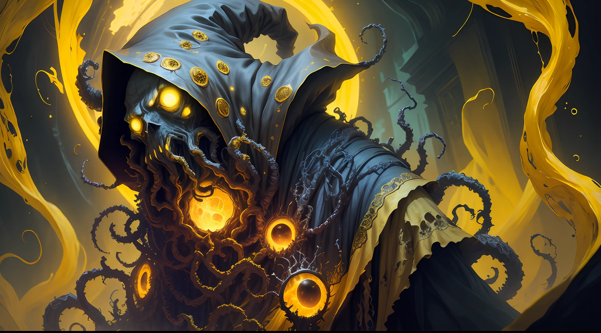 cosmic horror, a monstrous mage with tentacles, yellow and black, horror, dark mood, dark ambient, in a yellow tentacles dark world, looking to the camera