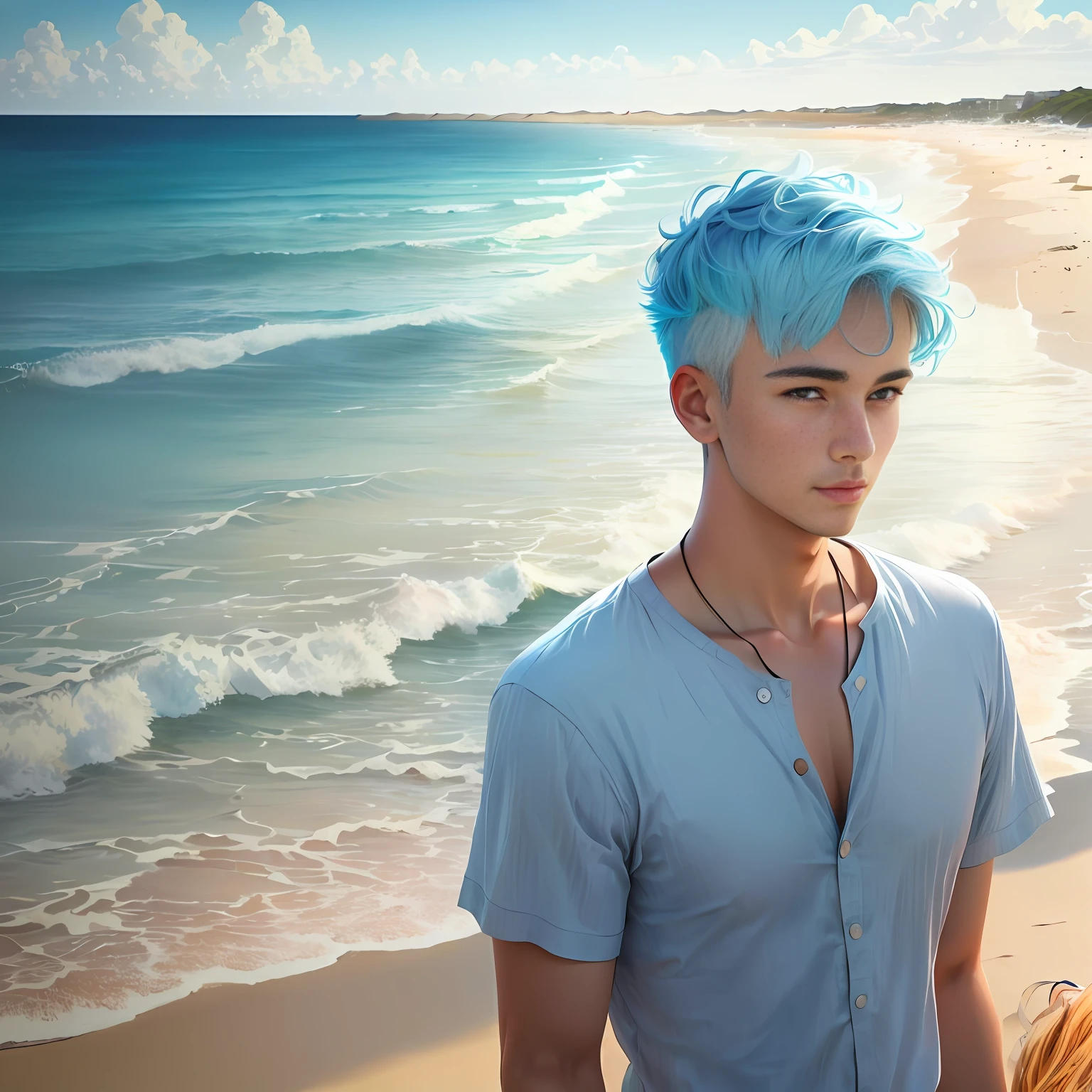 Couple strolling on sandy beach with sea background, perfect quality, sharp focus, colorful, perfect anatomy, perfect face, cute puppy, intricate details