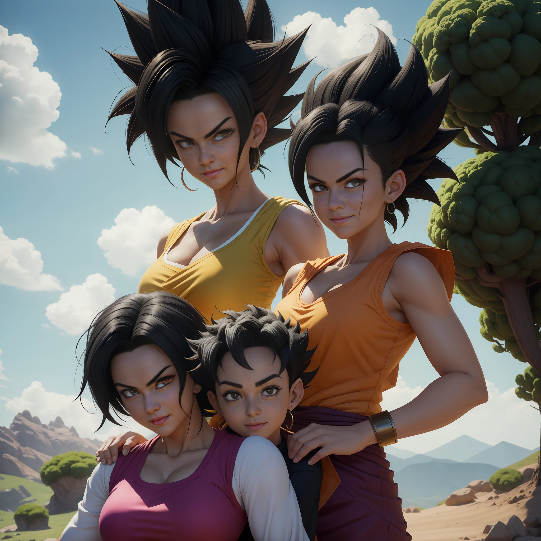 Dragon Ball character Caulifla and Kale with their typical clothes and their typical hair, black hair, white eyes, clear smile, high detail, social realism, Surrealism, Realism, hyperrealism, jpeg artifacts, ray tracing, cinematic lighting, UHD, masterpiece, anatomically correct, super detail, high details, high quality, best quality, 16k