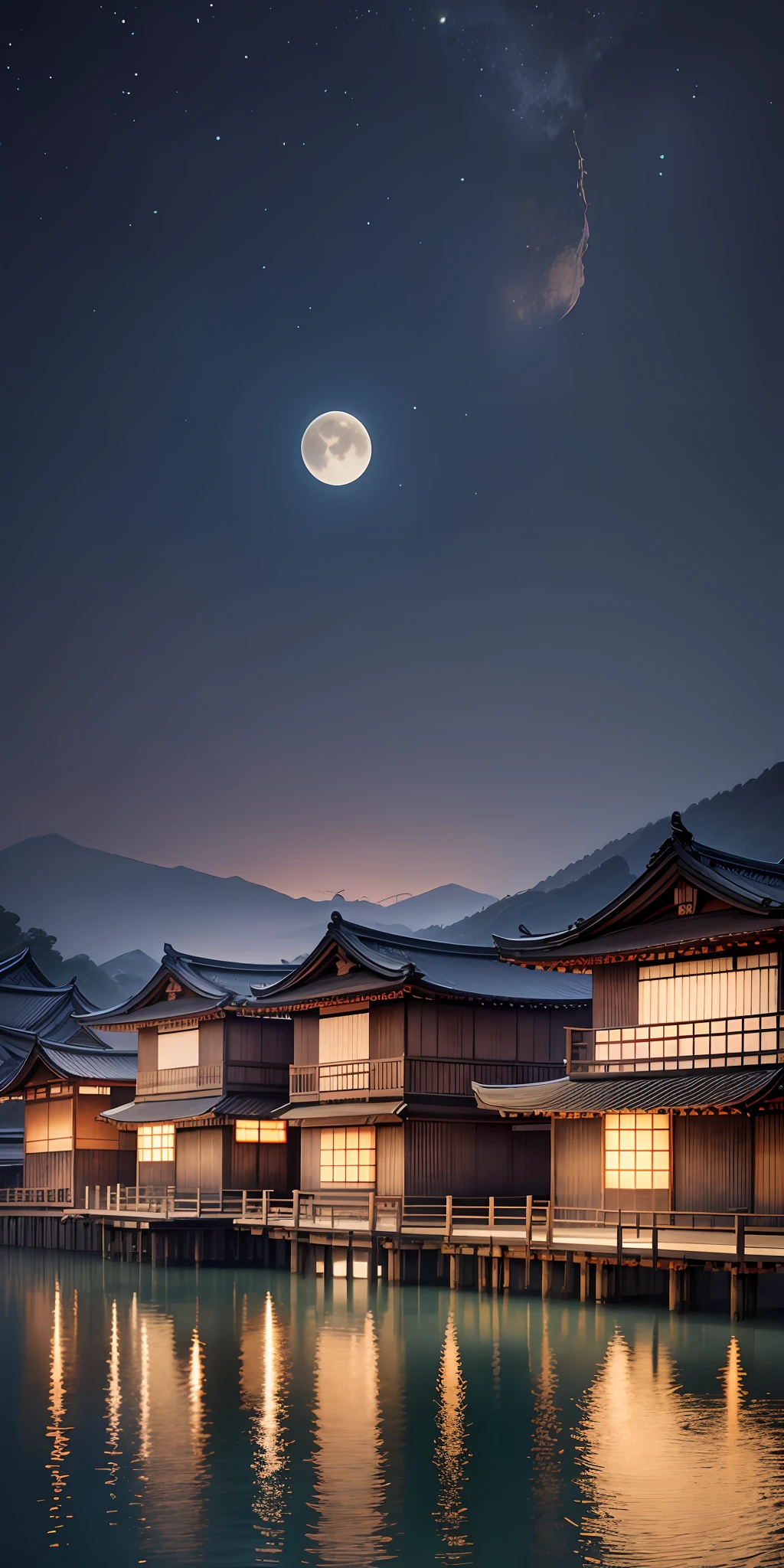 Old japanese building, nighttime, old japanese village, moon, dark, village under mountain, lake, --auto --s2