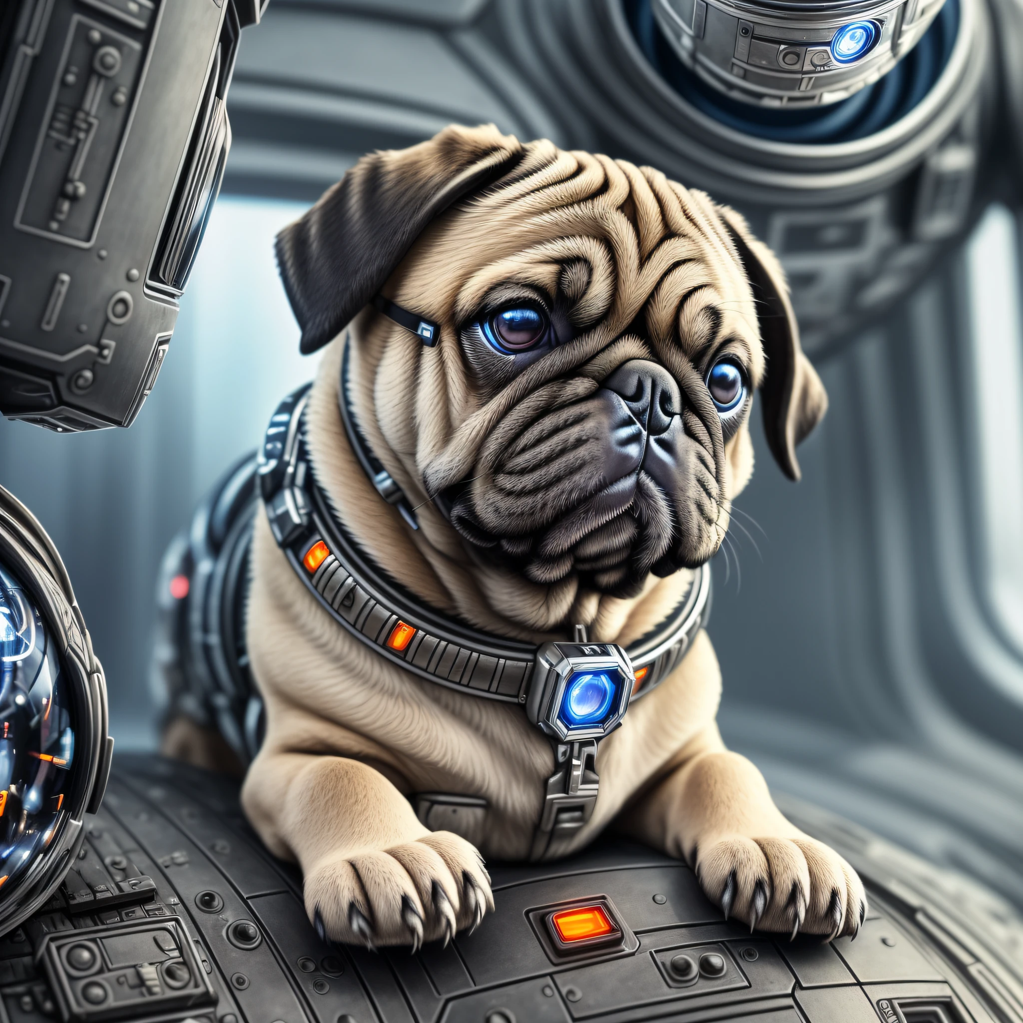 A sharp photograph of a gorgeous cybernetic pug puppy with an astronaut, (cyborg: 1.4), (intricate details), hdr, (intricate details, hyperdetailed: 1.2), cinematic shot, centered, strong lighting, looking away from the camera, hyperrealism hyperdetailed skin, real dog skin, Fujifilm XT3 --auto --s2