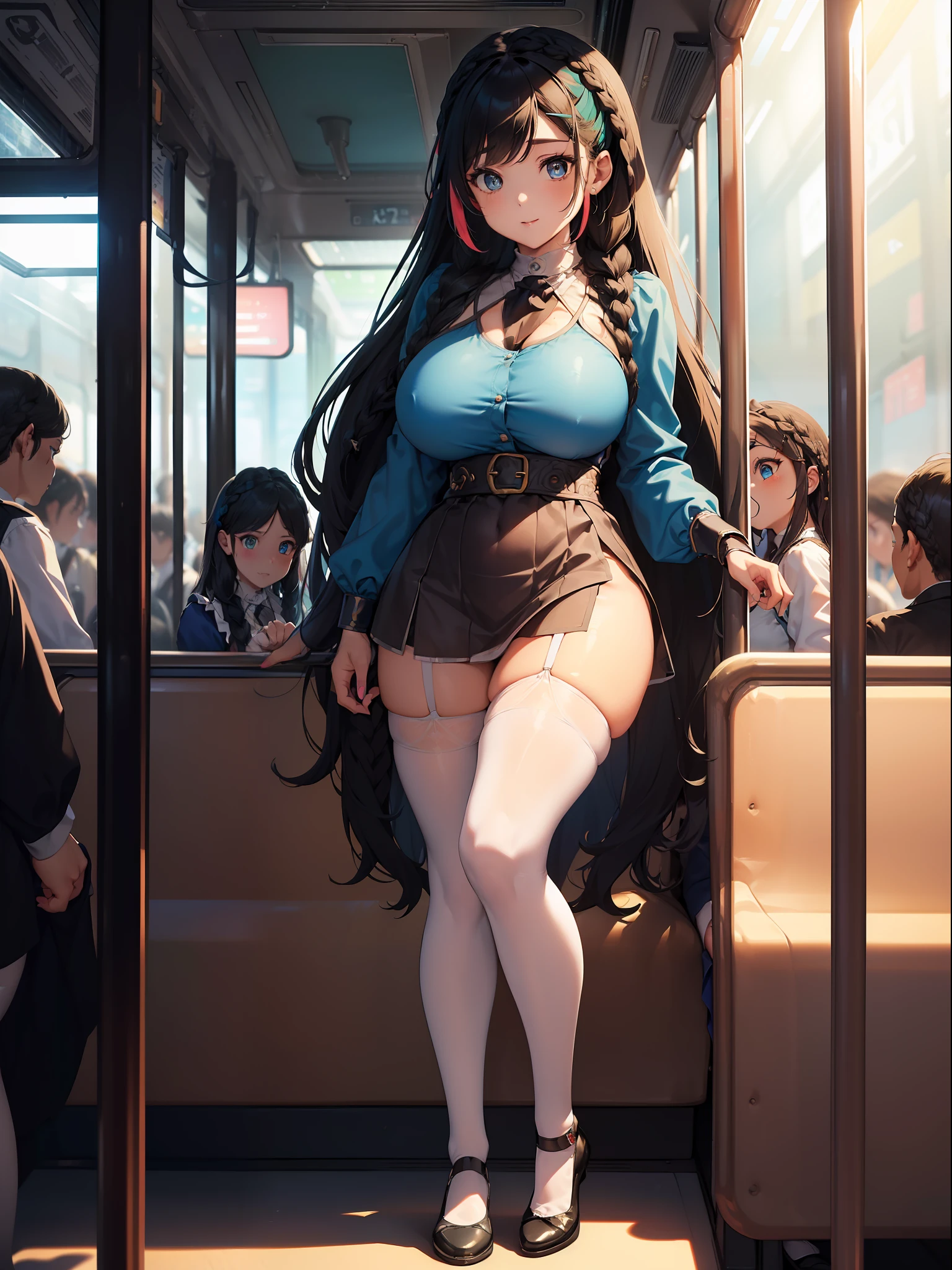 ((full body:1.5)) {1woman}, only {1woman} is ((wearing ((black maid outfit extremely tight around her body, with very short white skirt, long transparent white stockings)))), only {1woman} ((has extremely large breasts):1.5), only {1woman} has ((blue eyes, long green hair with thick braids):1.5), only {1woman} ((is looking at the viewer/ look of happiness/smiling, doing heroic poses while standing)), only {1 woman} is standing, ((Inside a bus ((((crowded with passengers, with different hair styles and colors, different clothes and different itinics) :1.5))). anime, anime style, cinematic lighting, 16k, highres, best quality, (high details:1.4), UHD, ((masterpiece))