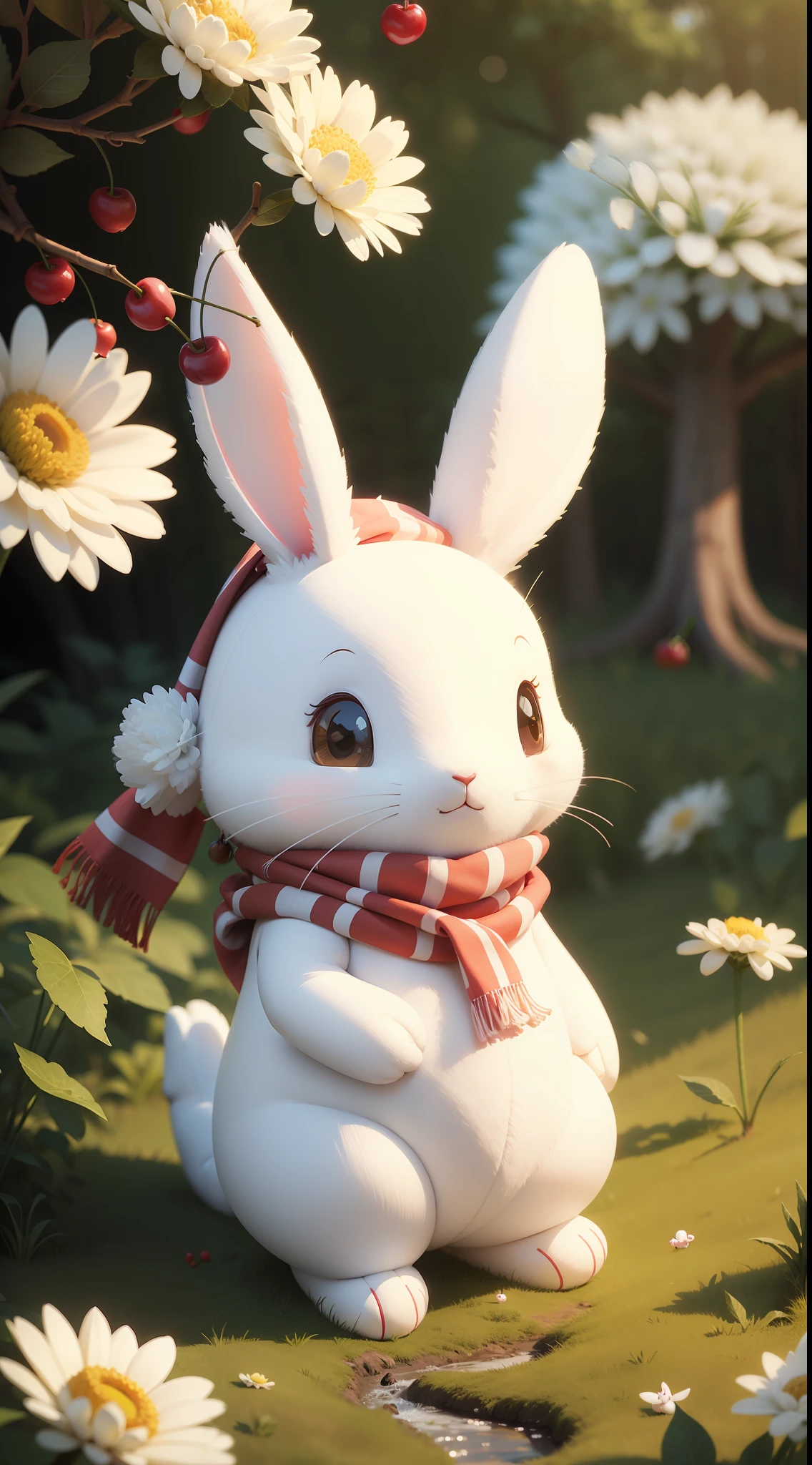 Cartoon white rabbit with light red scarf, scarf hanging cherry, cute white plush hat, cute, charming, cute detailed digital art, cute characters, cute 3d rendering, cute forest creature, cute cartoon, lying on grass, big tree, white chrysanthemum, green grass, soft grass, 4K, high quality, very detailed details
