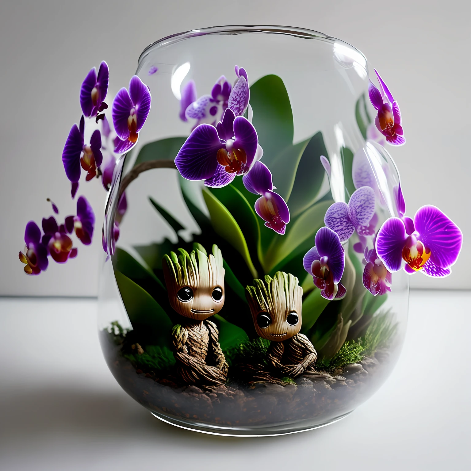 Baby Groot Guardians of the Full-Body Galaxies 
Inside a glass jar with (orchids shaped like birds)