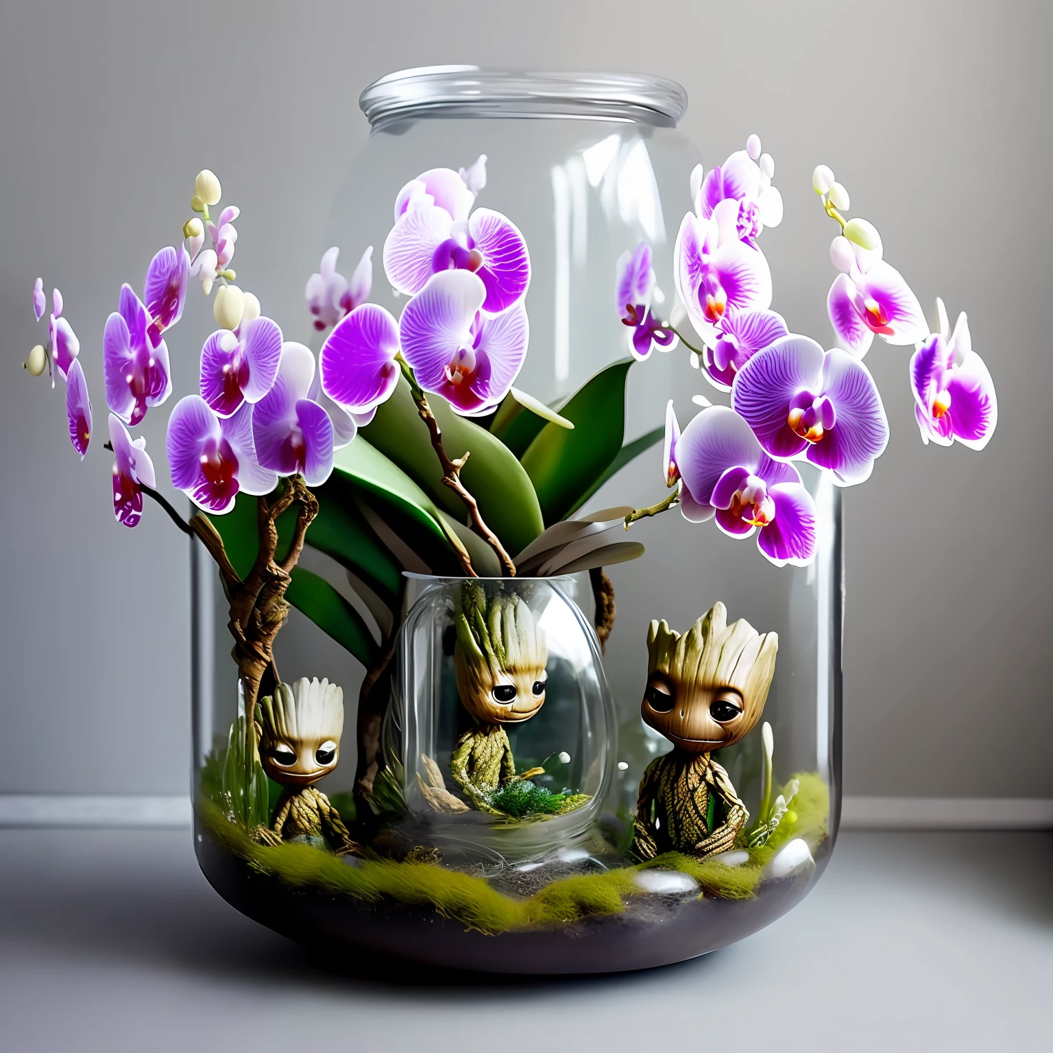Baby Groot Guardians of the Full-Body Galaxies
Inside a glass jar with (orchids shaped like birds)