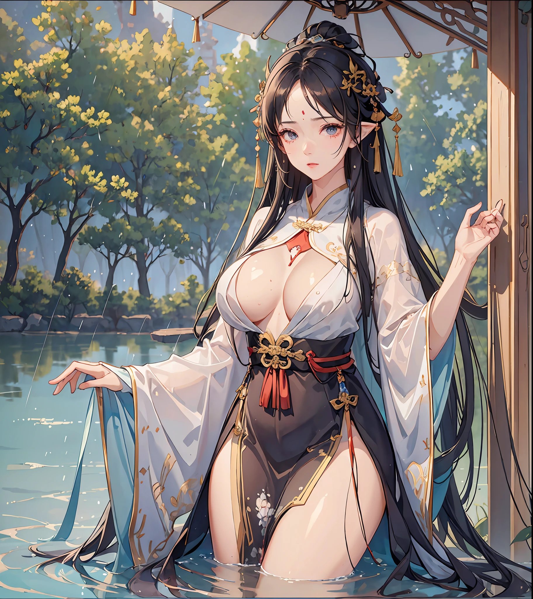 1girl, water spirit skin, super long messy black hair, elf through eyes, look at me affectionately, red face, rain, wet, Hanfu, white transparent refreshing Hanfu long skirt, long legs, touch, plump breasts, breast period, mature and steady, drunken expression, uncomfortable feeling all over the body, extreme facial features, fleshy feeling, enchanting posture, body beauty, seduction, sexy, fine lines, 3D, 8k private portrayal, real light and shadow, real physics, perfect world, Unreal Engine, masterpiece --auto --s2