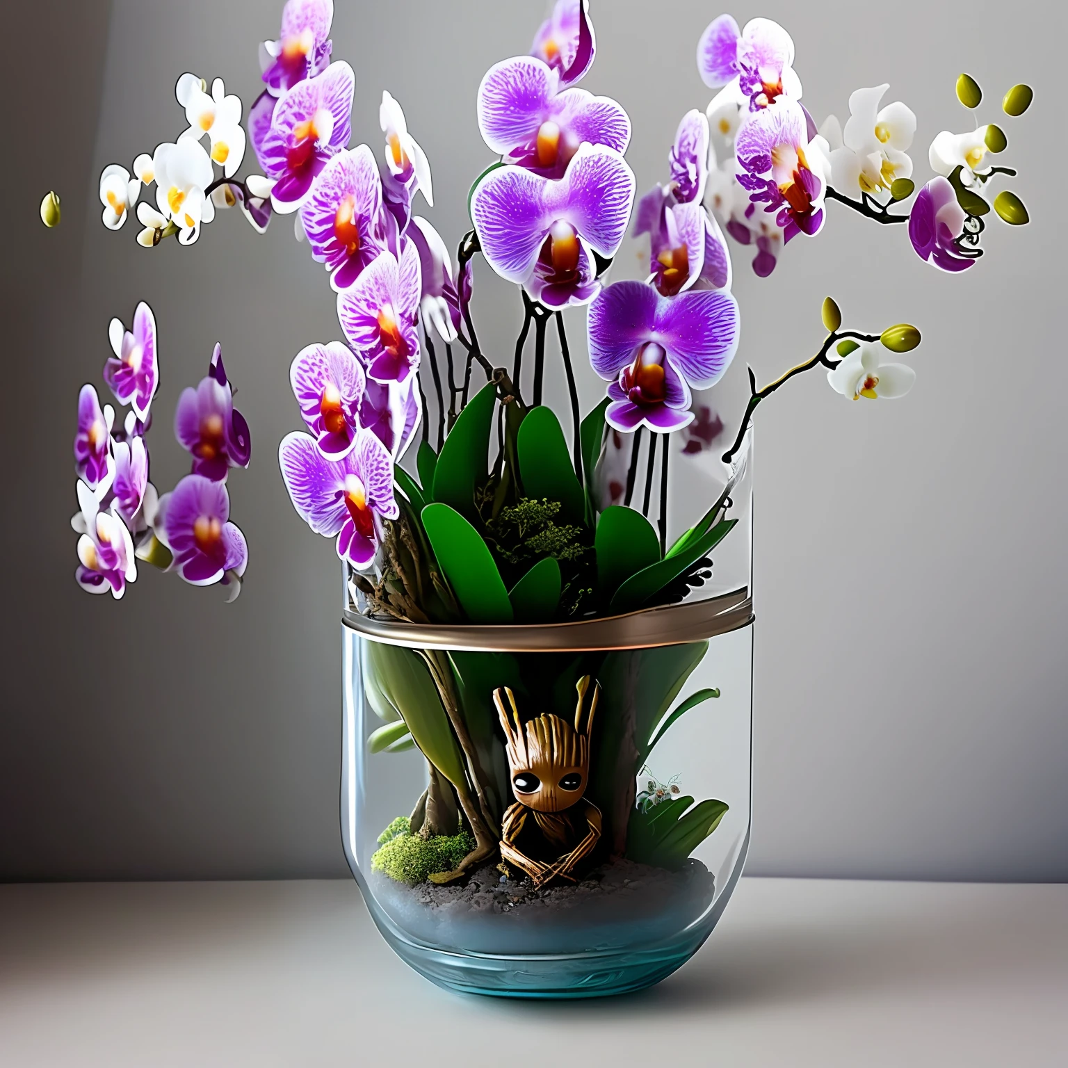 Baby Groot Guardians of the Full-Body Galaxies
Inside a glass jar with (orchids shaped like birds)