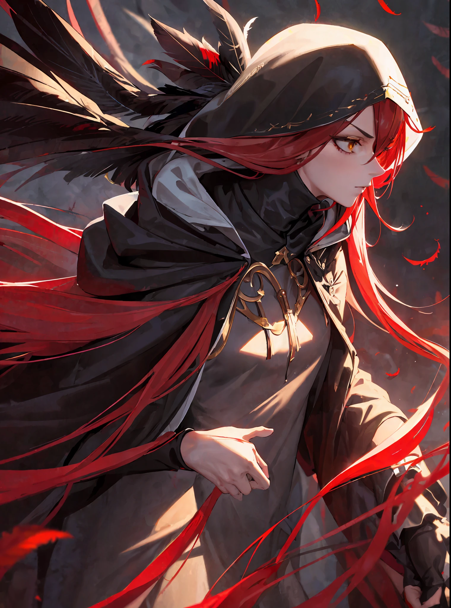(masterpiece, best quality) an adult woman with very long red hair, ((black feathers)), ((close)), neckline, ((hood)), black ribbons, red leather, (profile picture), black bows, bodysuit, cold look, queen, good anatomy, correct proportions, torn clothes, queen, yellow eyes, serious, mysterious appearance, blood, emotionless, straight bangs, very long red hair, evil, (yellow eyes), gothic,  medium chest, ((show from chest to head)), cinematics, color oil painting, solo, cinematic lighting, extremely detailed face, finely detailed face, beautiful face, beautiful eyes, perfect lighting, depth of field, realistic proportions, good anatomy