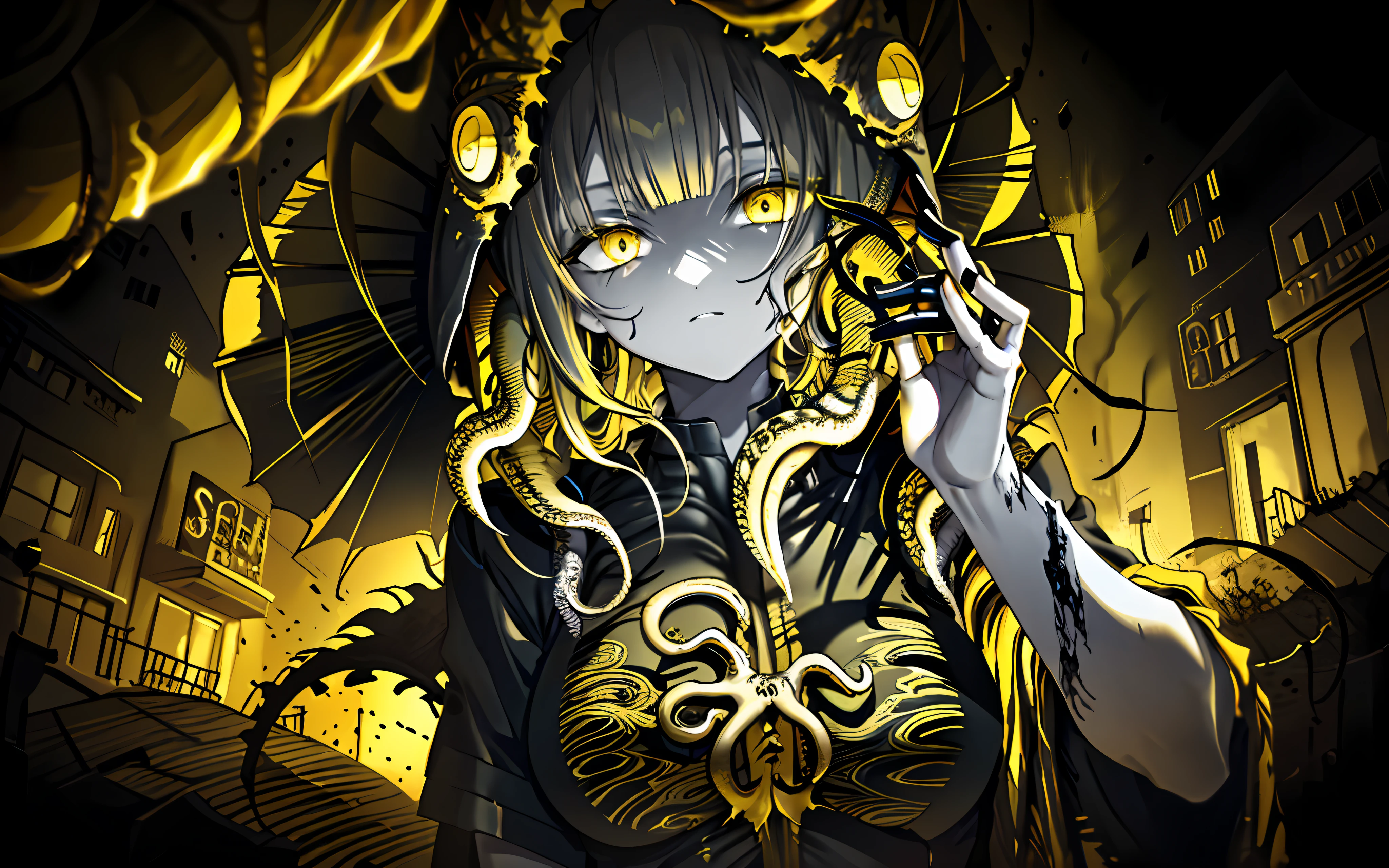 (best quality, masterpiece), (a woman horror creature with tentacles), (Monochrome, less light, black yellow background, yellow destroyed city behind)