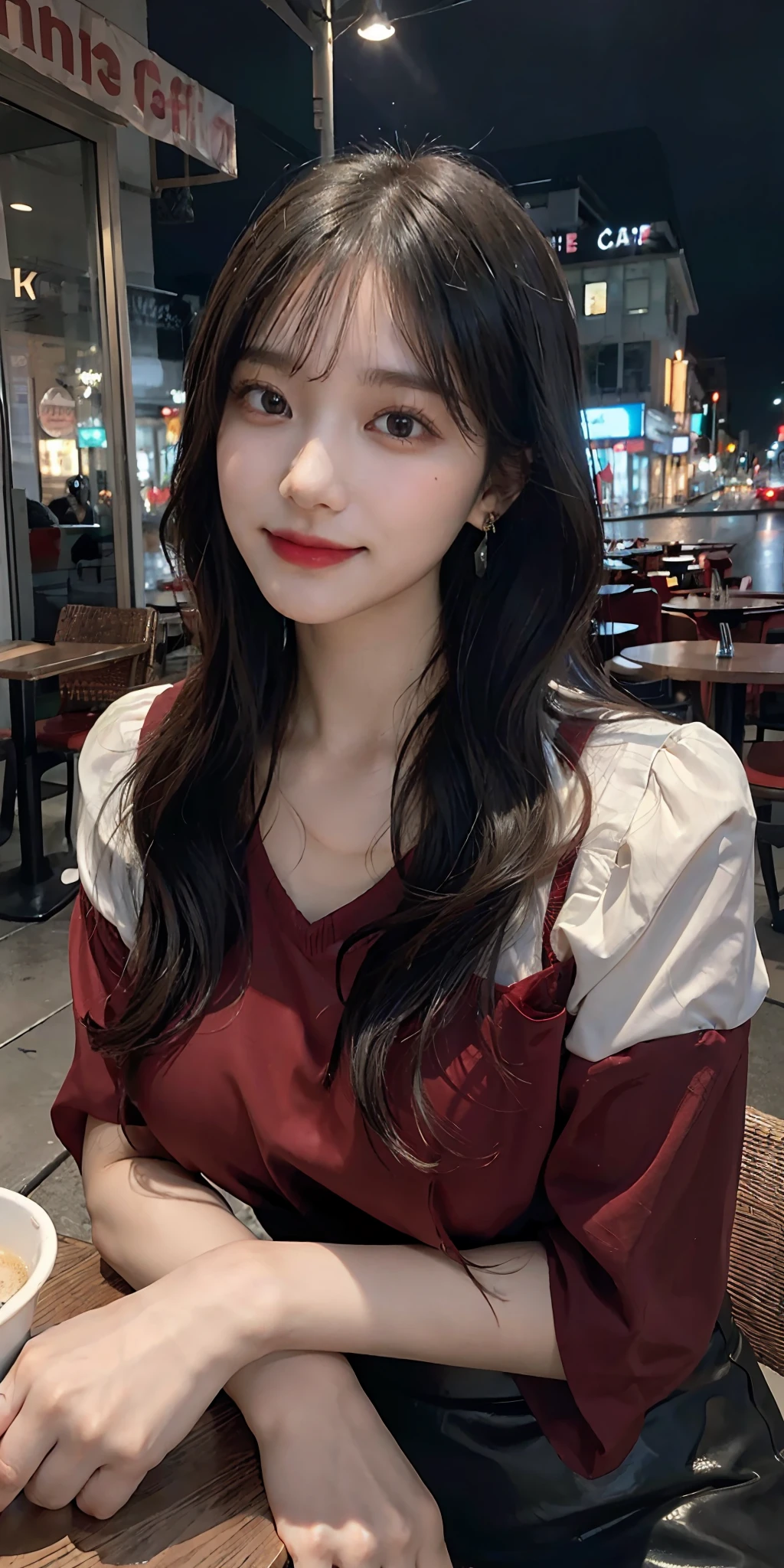 ((Best Quality, 8k, Masterpiece:1.3)), 40k, Perfect Body Beauty:1.4, cinematic lighting, black long hair, straight Bangs, (red shirt:1.1) , (in front of cafe:1.2), Highly detailed face and skin texture, Detailed eyes, Double eyelids, whitening skin, perfect face, (huge breast, looking into the distance), (nighttime), smile, earrings, necklaces, mature women, coffee on table, (a women sitting in front of cafe), --s2