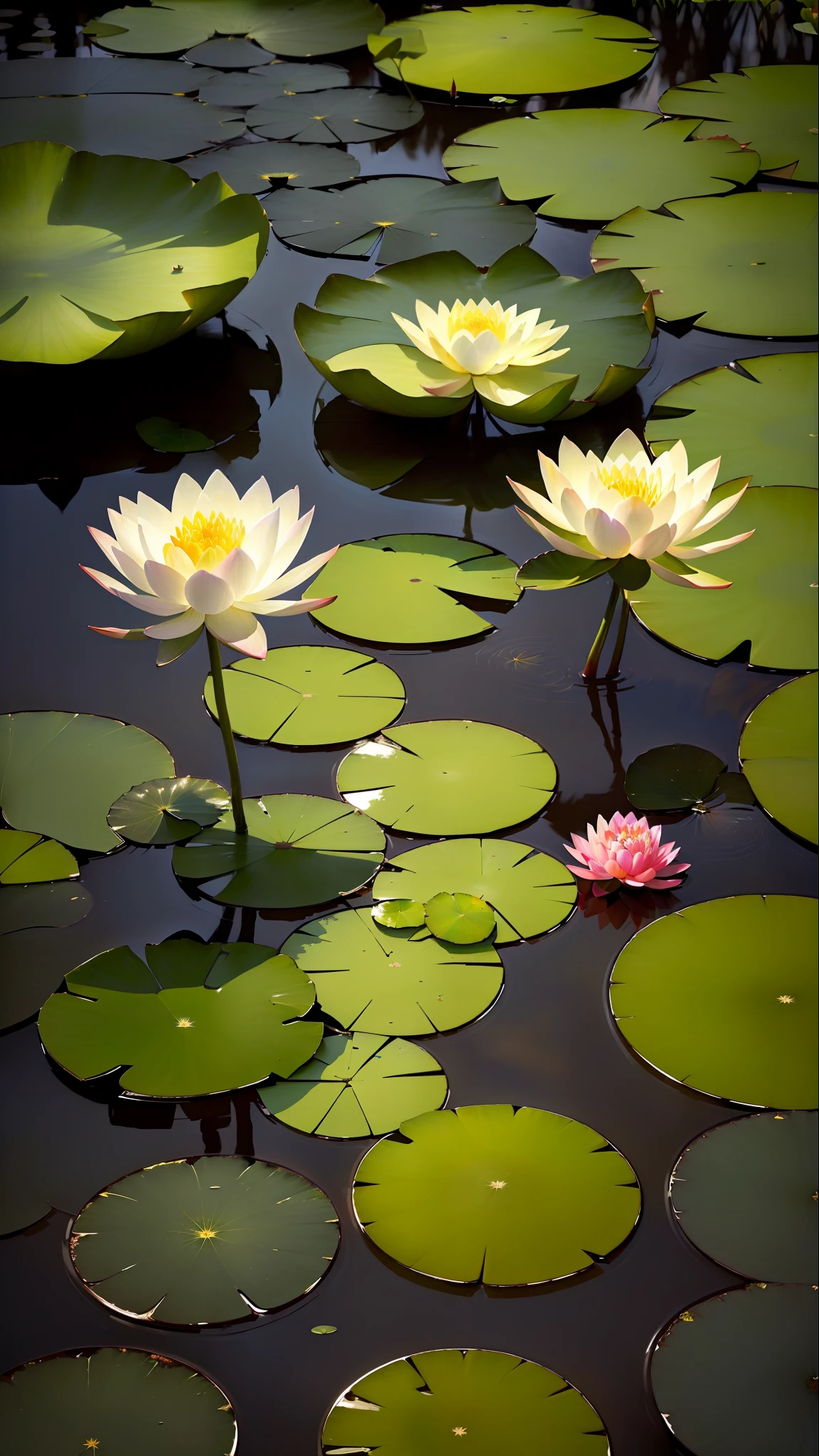 An exquisite masterpiece. Monet's water lily, deep in the lotus pond (colorful, vivid, sunshine, cool light: 1.2), there are several lotus leaves in the pond. Lotus leaves have a clear texture. Morning sun, butterfly, leave a blank