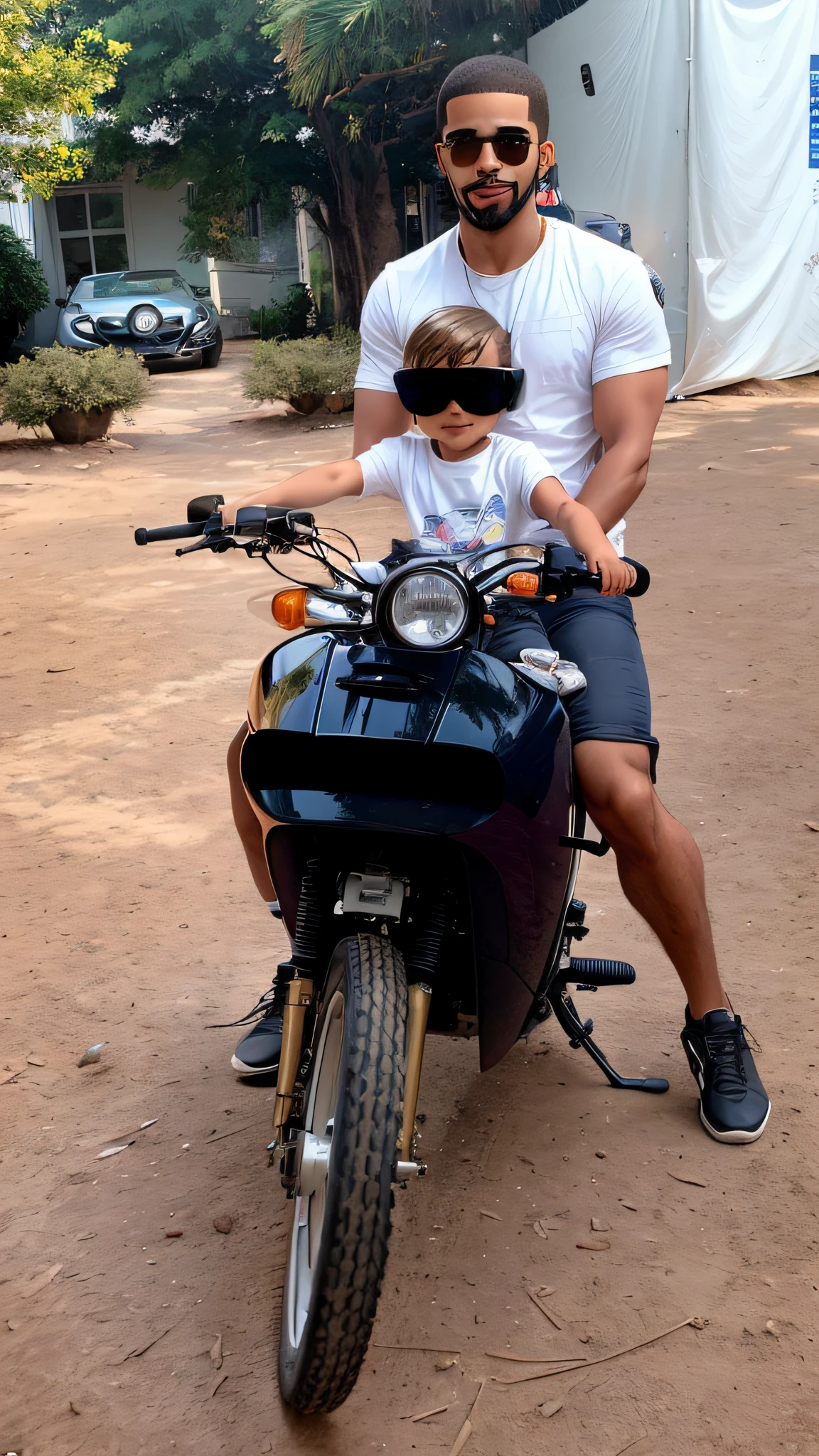 there is a man drake the rapper and a child with sunglasses on a motorcycle in the dirt, driving a motorcycle, riding a moped, driving a motorcycle, moped, motorcycle, motorcycle, sitting on a motorcycle, with a child, by Romain brook, looks smart, rolling, trying to drive it, future!!, really try to drive it,  Touring