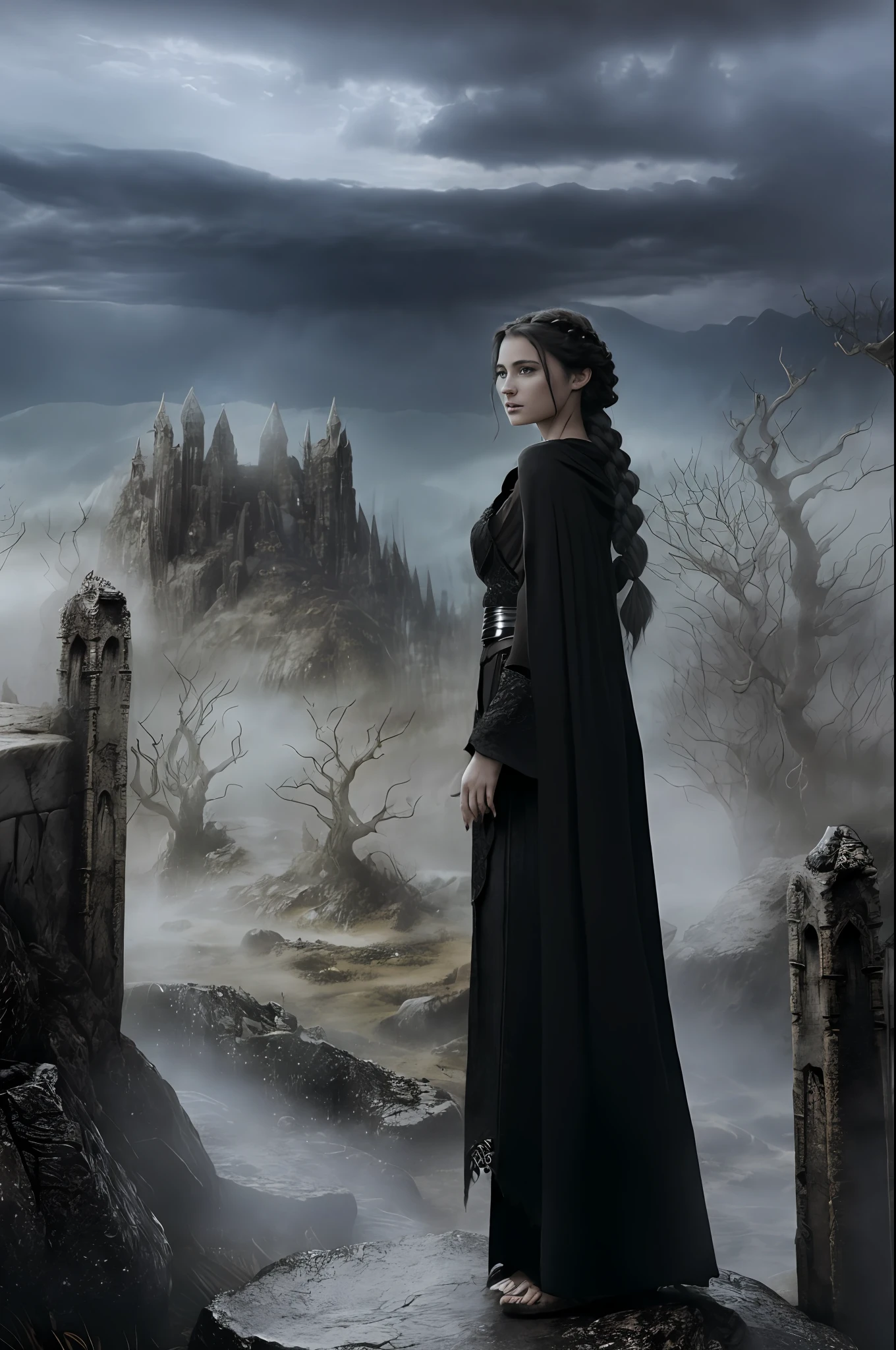 A dark-souled sorceress stands atop a mountain peak, casting spells to summon her army of elemental creatures. Her eyes glow with an eerie light as she chants ancient incantations, and the winds around her whip into a frenzy. ((Her hair is a lustrous silver and is braided into intricate patterns )) and she wears a flowing black robe adorned with a shimmering red gem in the center of her chest. In the distance, dark clouds gather and a storm approaches, ready to do her bidding.