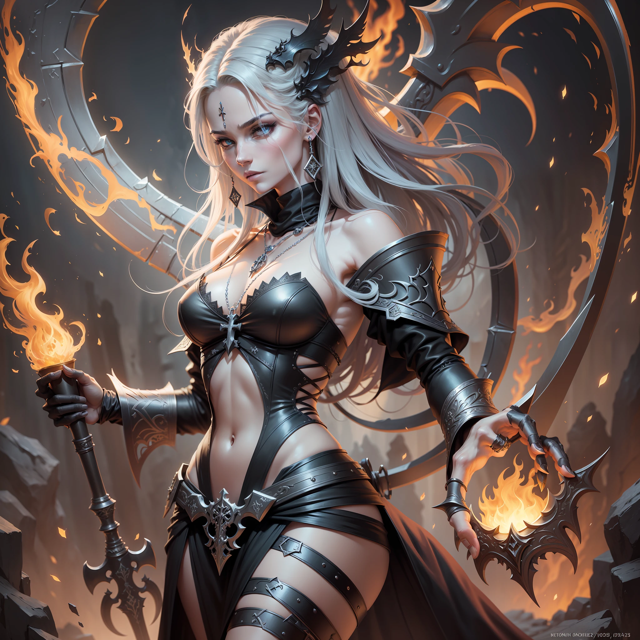 A close-up of a scythe of death and a skeleton with body on fire, epic fantasy style art, detailed digital 2D fantasy art, epic fantasy art style HD, epic fantasy art style, detailed fantasy art, epic fantasy digital art style, epic exquisite character art, detailed fantasy digital art, digital 2D fantasy art, dark fantasy style art, epic fantasy character art, five fingers, a silver necklace with an A letter and a cross on it, fan, sci-fi necklace, pendant, web necklace, fan art, stunning! ,[[Fantasy]], 2046x2046, silver necklace, fantastic, titanium, Art Deco!