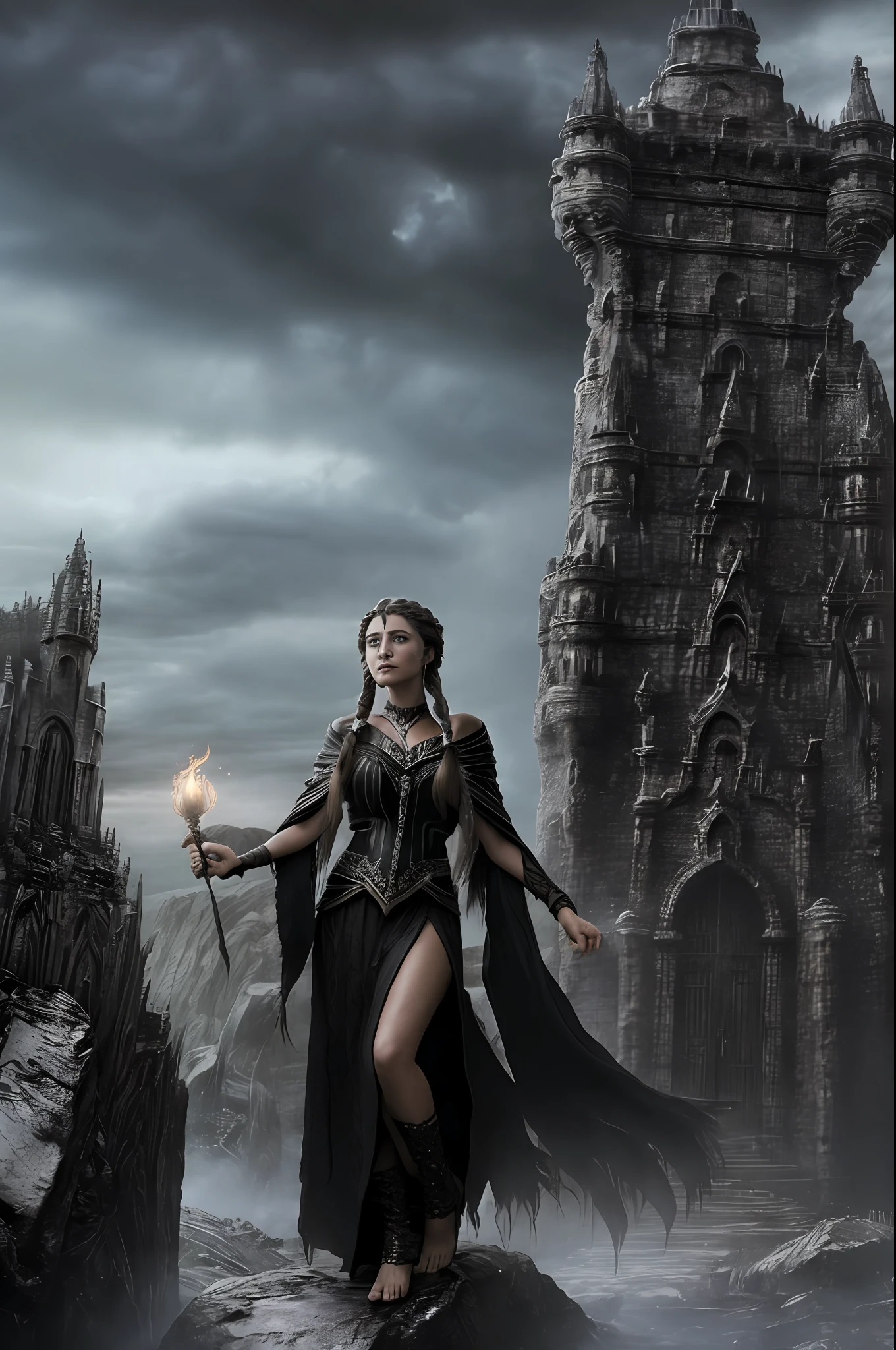 A dark-souled sorceress stands atop a mountain peak, casting spells to summon her army of elemental creatures. Her eyes glow with an eerie light as she chants ancient incantations, and the winds around her whip into a frenzy. ((Her hair is a lustrous silver and is braided into intricate patterns )) and she wears a flowing black robe adorned with a shimmering red gem in the center of her chest. In the distance, dark clouds gather and a storm approaches, ready to do her bidding.