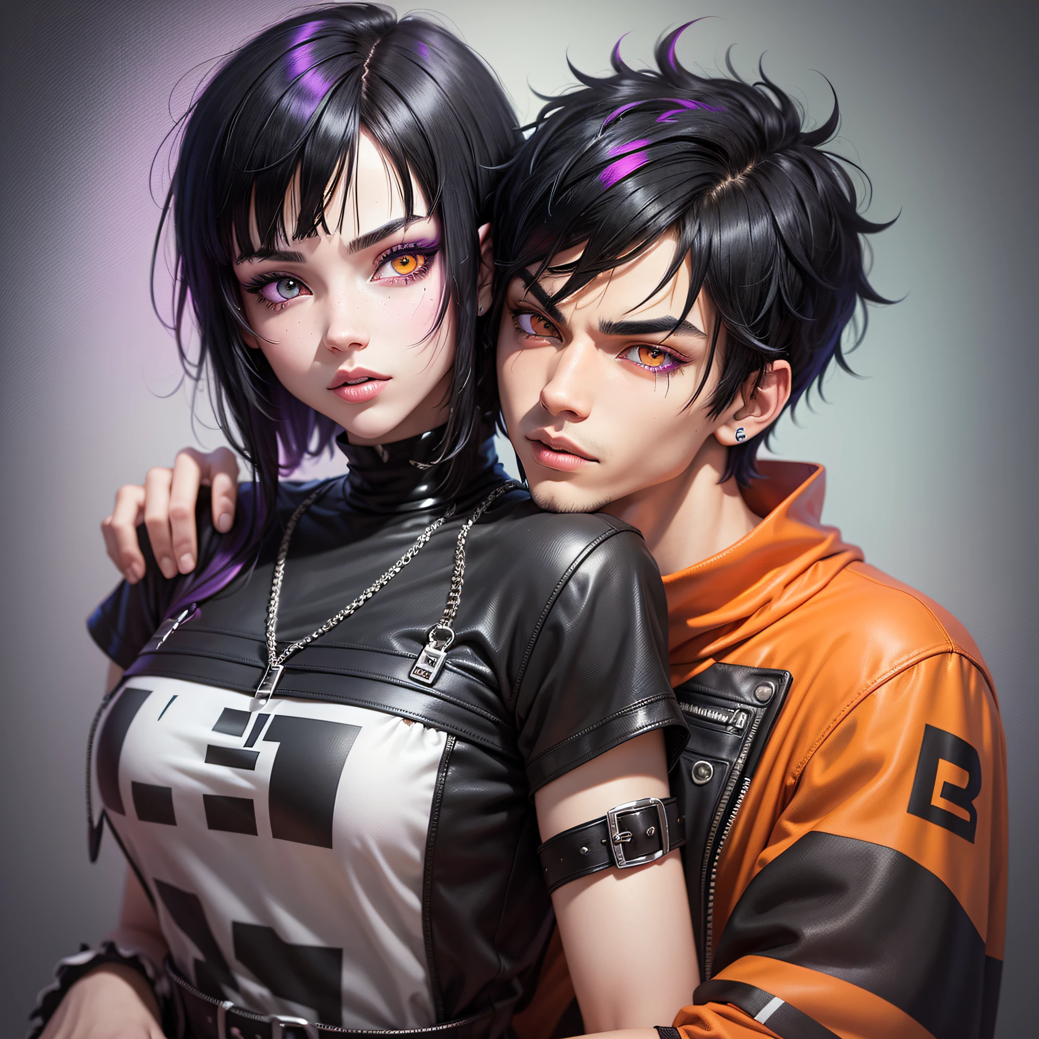 Guy with Light skin, medium black hair, heterochromia, his left eye is orange and his right eye is green, he uses emo clothes, and is kissing a woman with Medium black hair with a front purple bang, white skin, pink eyes, goth clothes --auto --s2