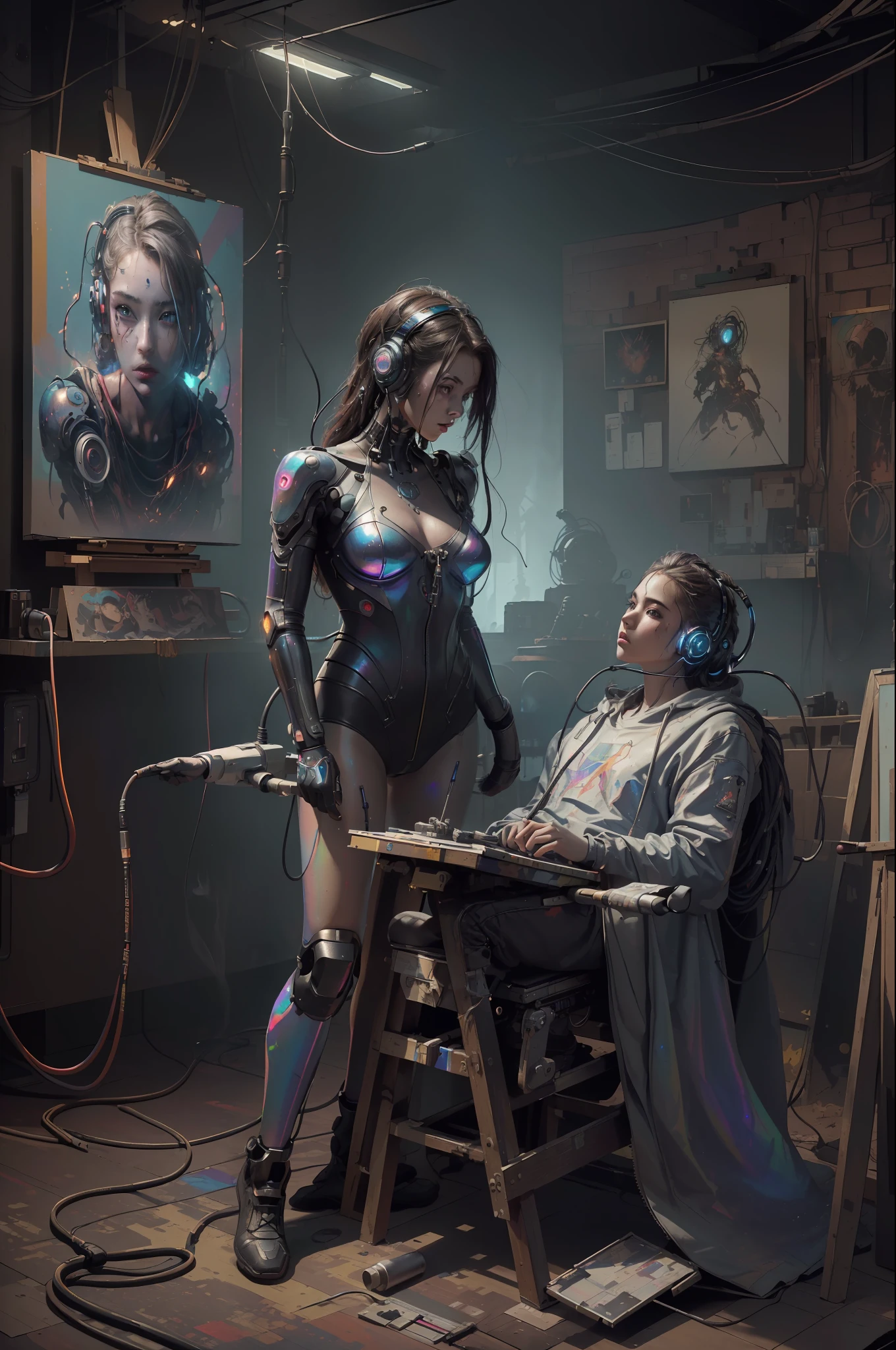 (masterpiece, best quality, highres, absurdres, detailed:1.2), humanoid, robot, wearing headphones, looking away, (cyberpunk, art canvas, paint brush, easel, iridescent, holographic: 1.6), (cables, wires, flames, fire, smoke, overheat, explosion, indoors, room, simple background)