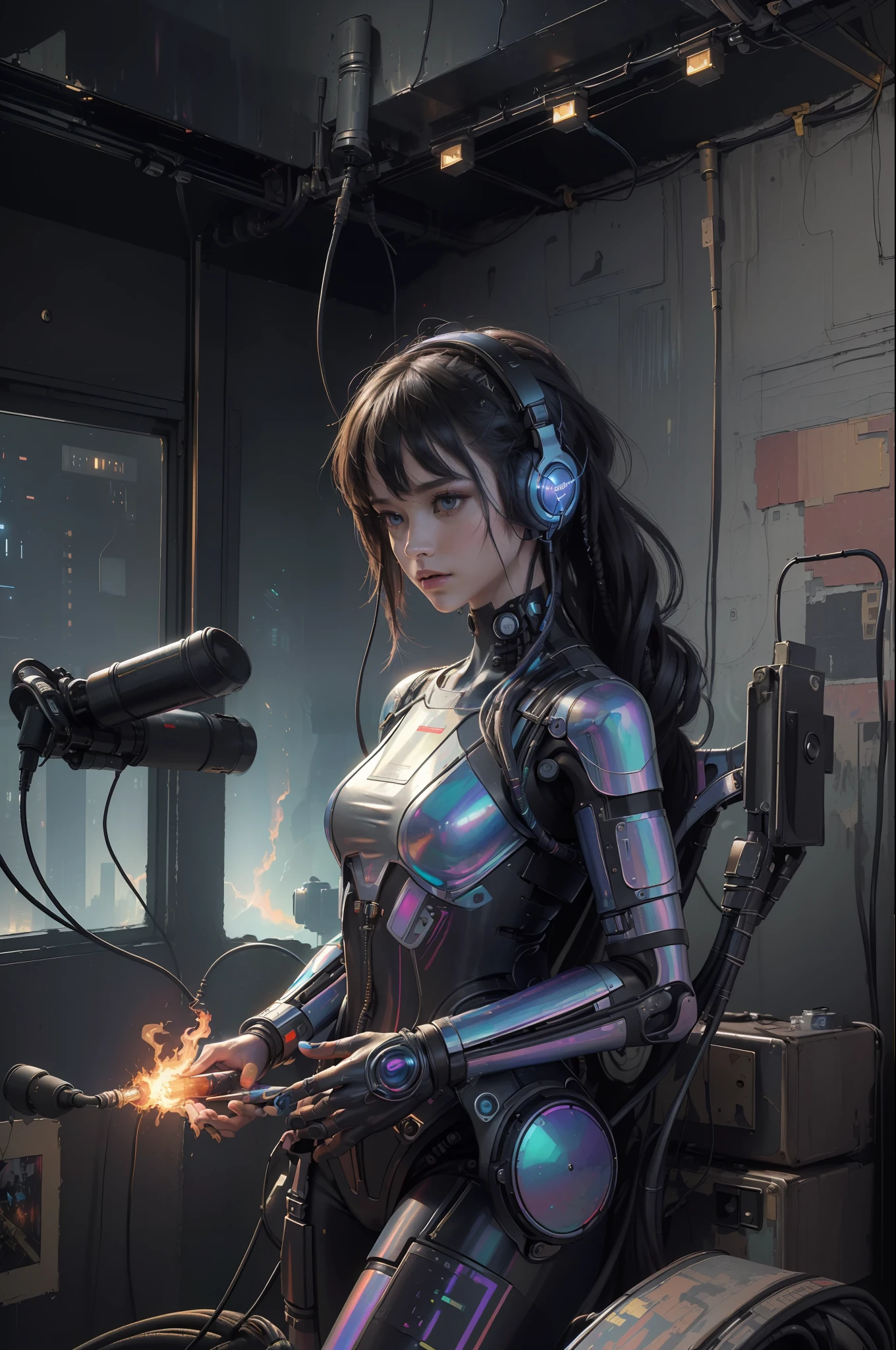 (masterpiece, best quality, highres, absurdres, detailed:1.2), humanoid, robot, wearing headphones, looking away, (cyberpunk, art canvas, paint brush, easel, iridescent, holographic: 1.6), (cables, wires, flames, fire, smoke, overheat, explosion, indoors, room, simple background)