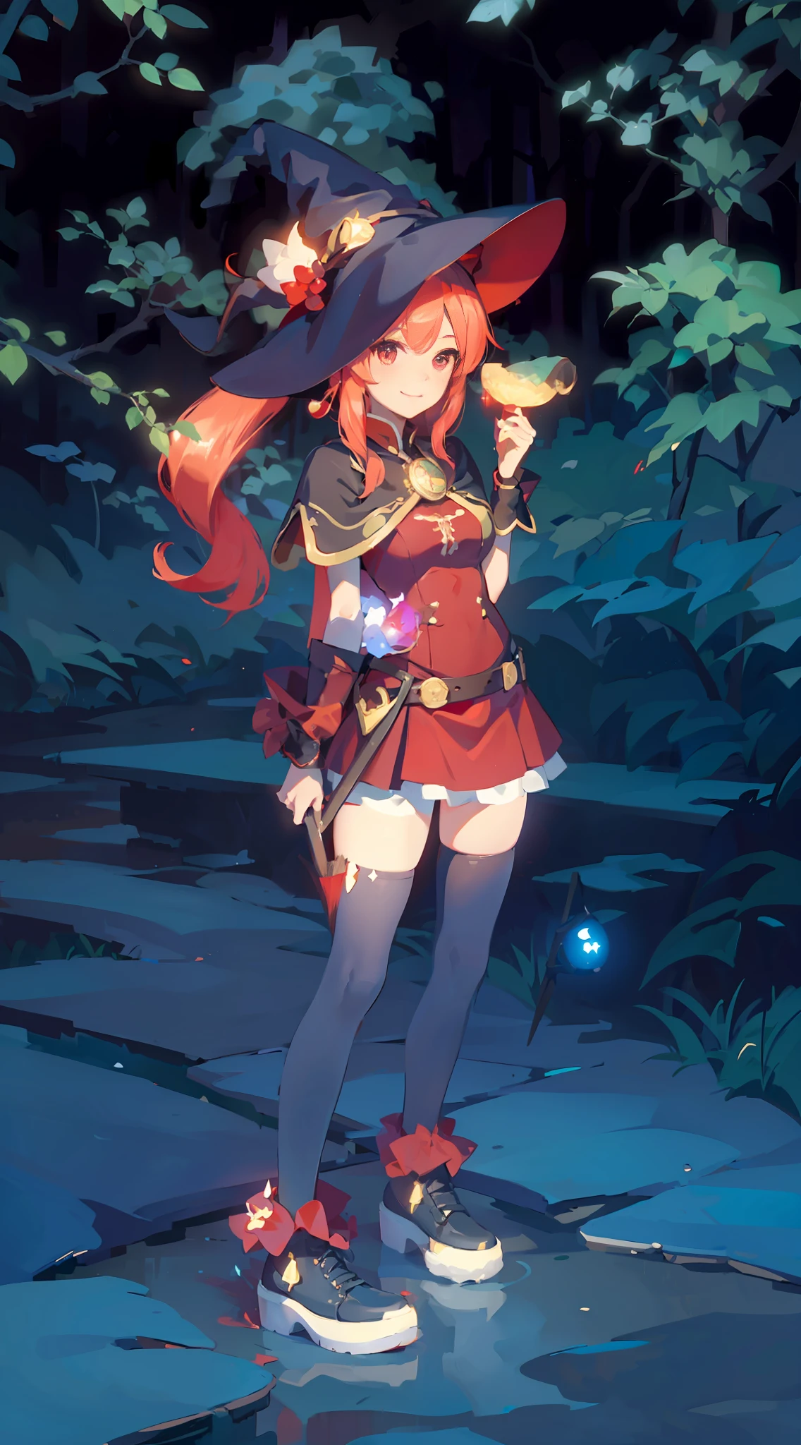 (8K, Best Quality, Masterpiece:1.2), (Realistic, Photo-Realistic:1.37), Ultra Detailed, 1 Girl, Cute, Clear Moonlight, Forest, Night, (Smile: 1.15), (Shut Up), Small Breast, Beautiful Delicate Eyes, Red Eyes, Night, (Red Double Ponytail: 1.2), Witch Hat, Red Top, Red Miniskirt, Black Stockings, Red Witch Shoes, Mushroom, Naughty, Holding a Broom