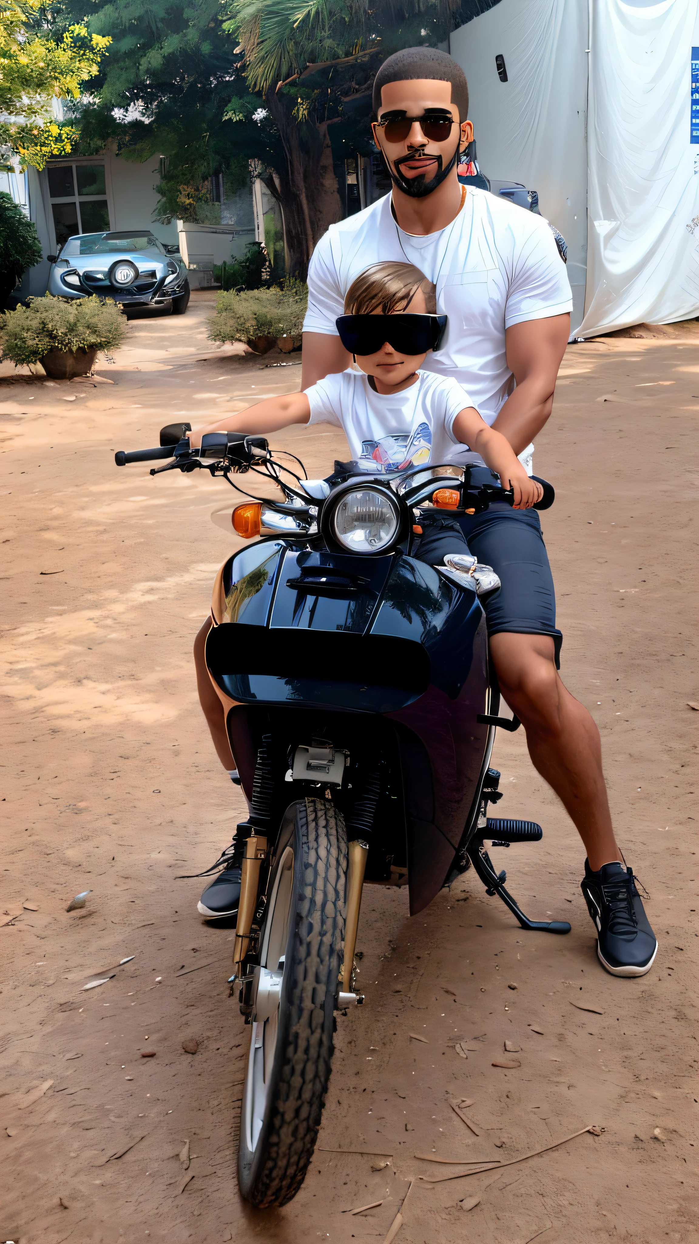 there is a man drake the rapper and a child with sunglasses on a motorcycle in the dirt, driving a motorcycle, riding a moped, driving a motorcycle, moped, motorcycle, motorcycle, sitting on a motorcycle, with a child, by Romain brook, looks smart, rolling, trying to drive it, future!!, really try to drive it, Touring
