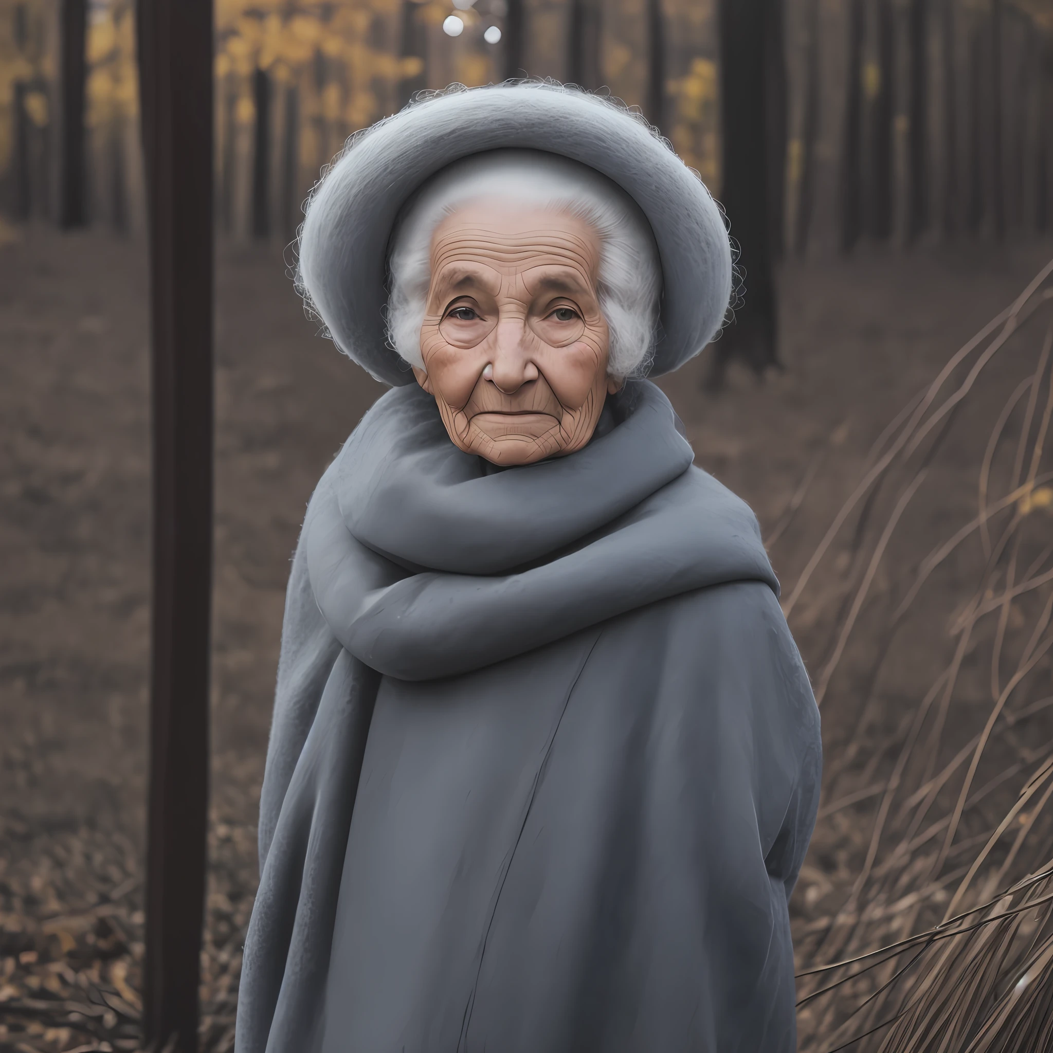 An old woman who has no hair and wears a braided wool wig