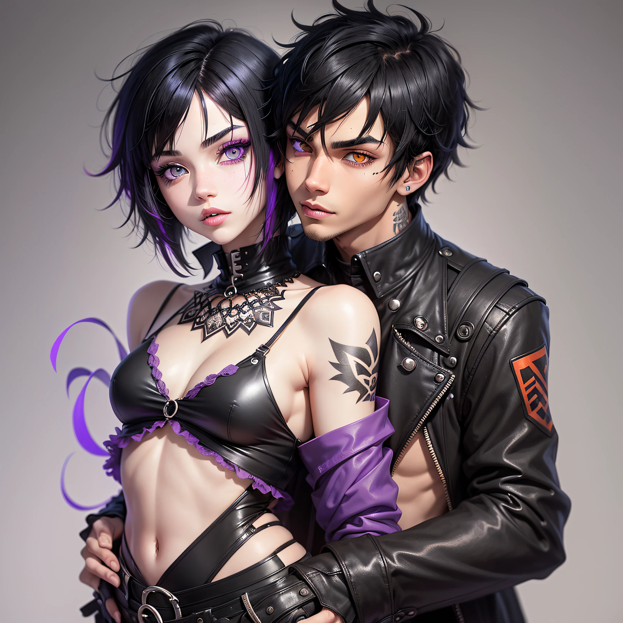 Guy with Light skin, medium black hair, heterochromia, his left eye is orange and his right eye is green, he uses emo clothes, and is kissing a woman with Medium black hair with a front purple bang, white skin, pink eyes, goth clothes --auto --s2