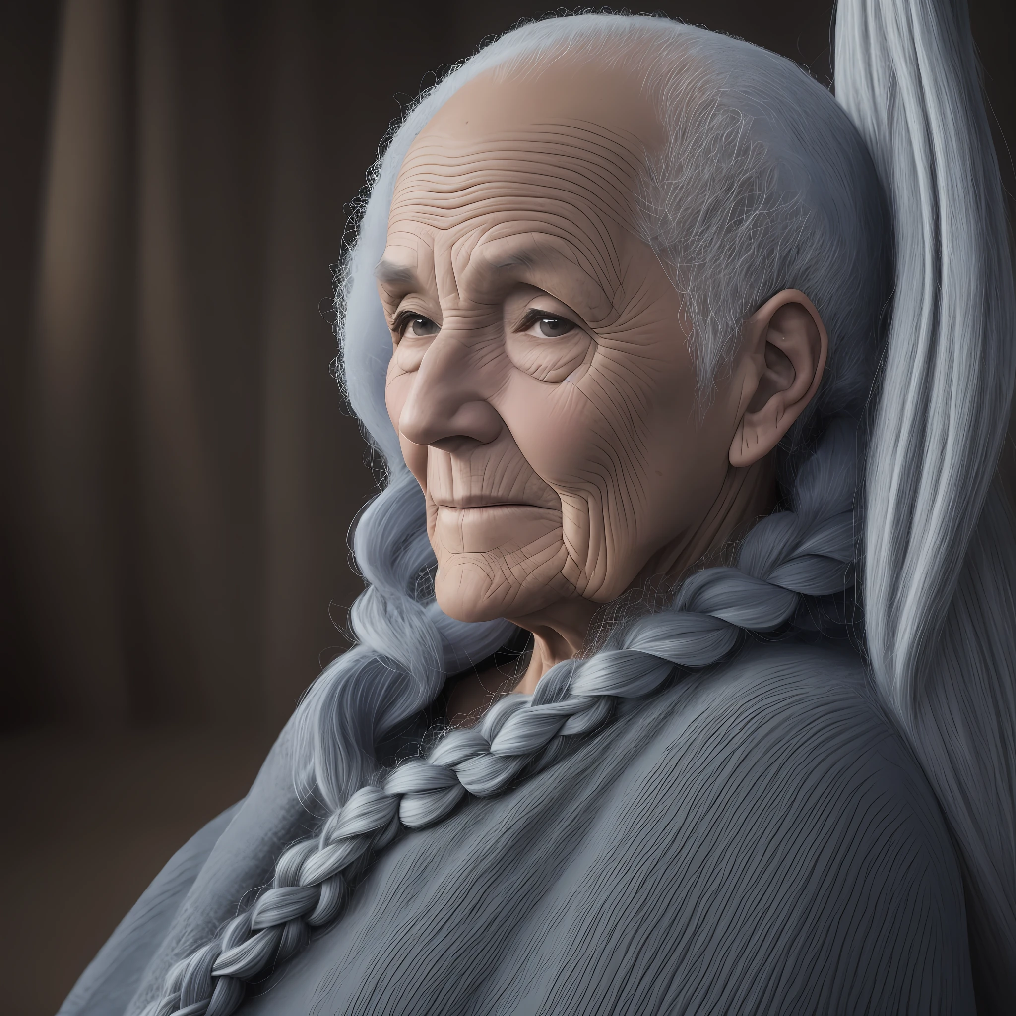 An old woman who has no hair and wears a braided wool wig