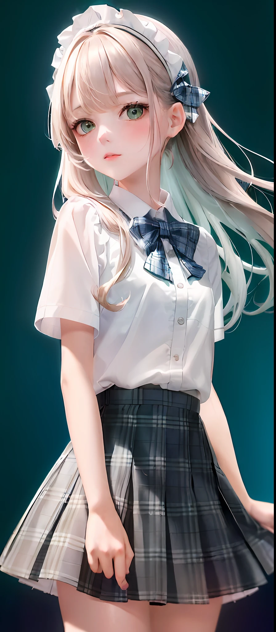 1girl, (masterpiece:1.1), (best quality:1.1), (white blouse:1.1), (plaid skirt:1.1), school uniform, high-waisted skirt, break [blue:pink:0.5] theme, (gradient background:1.1), cowboy shot, break silver, long hair, green eyes, delicate headdress, look to the side, naked