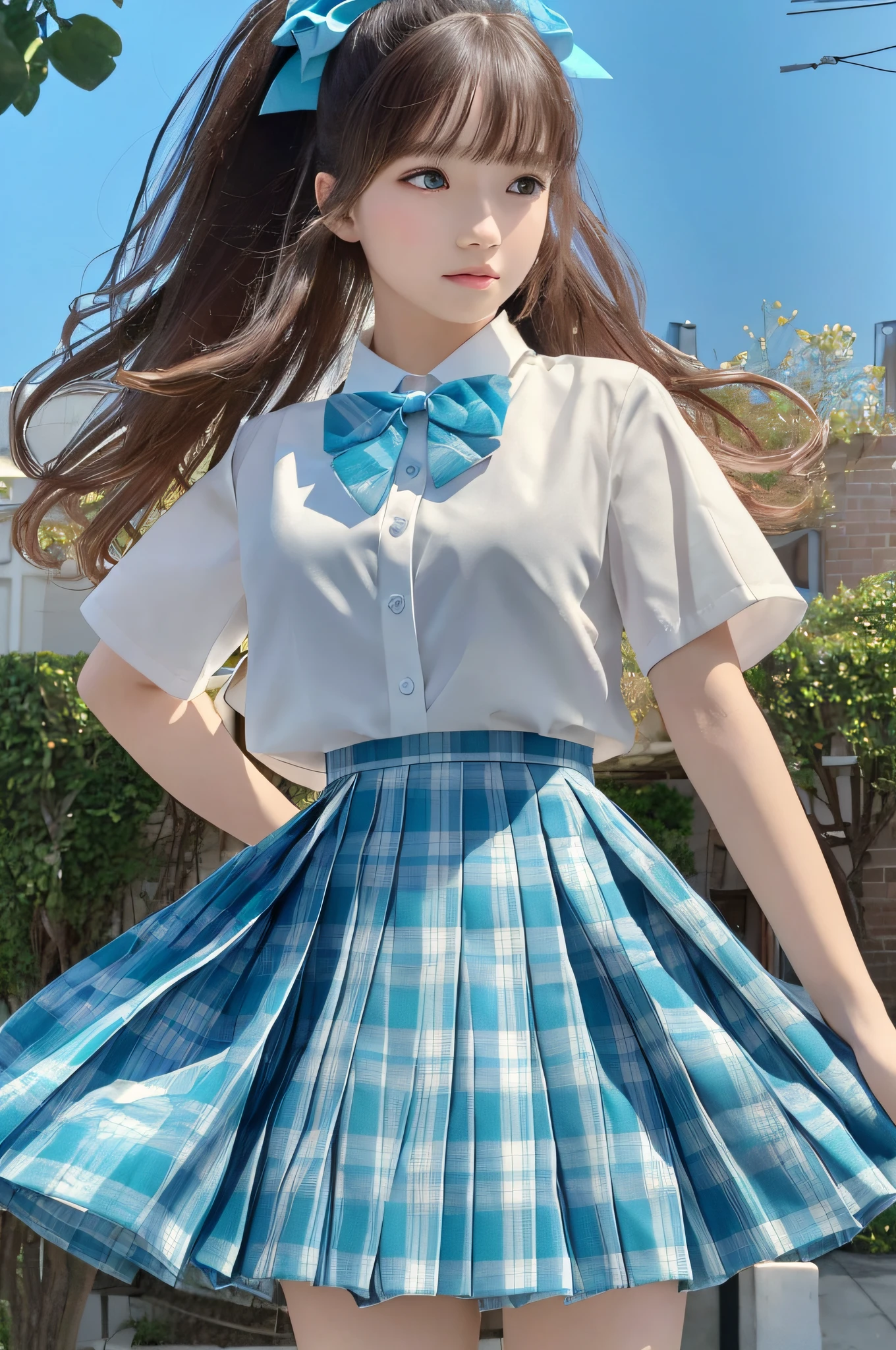 (8K, Best Quality, Masterpiece: 1.2), Realistic, Ultra High Resolution, Intricate Details, Maturity, Full Chest, Detailed Facial Details,
1 girl, beautiful face, JK suit, white shirt, turquoise bow, bow tie, turquoise skirt, plaid skirt, pleated skirt, upper body, standing, wide angle lens