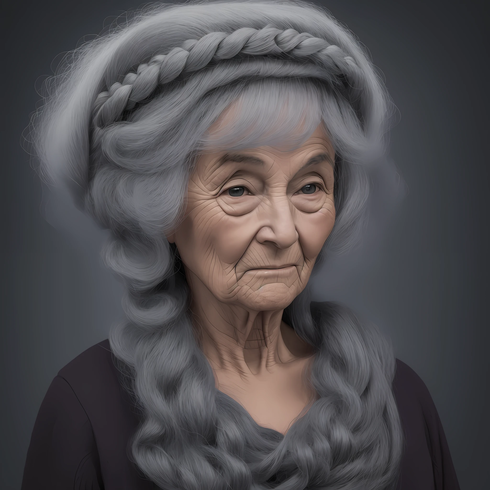 An old woman who has no hair and wears a braided wool wig