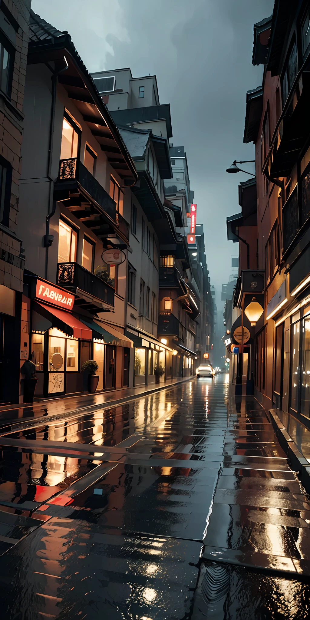 photorealistic, best quality, masterpiece, empty rainy street,  light dark theme