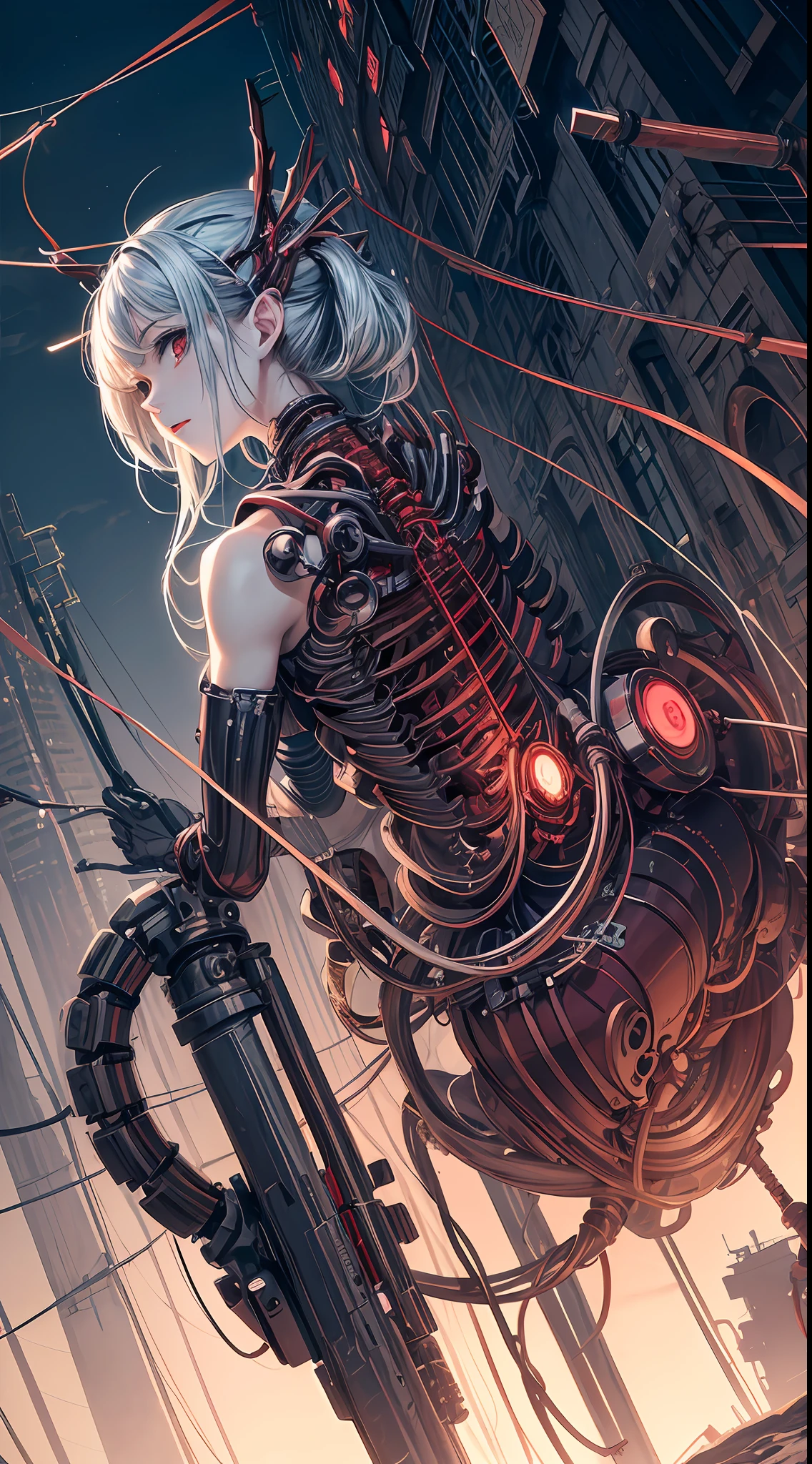 (((Masterpiece))), ((Best Quality)), (Super Detail), (CG Illustration), (Very Evil and Beautiful)), Cinematic Light, ((1 Mechanical Girl)), Single, (Mechanical Art: 1.4), ((Mechanical limb)), (Blood vessel attached to a tube), ((Mechanical spine attached to the back)), ((Mechanical cervical vertebrae attached to the neck), (Back to the viewer)), expressionless, ( Wires and cables attached to the head and body: 1.5), Science Fiction, Apocalypse, Ruins, (Lower Body Integrated with Mechanical Devices), (Blood: 1.5), Cruelty, Absurdity, Eroticism, Fusion with Machines, Doomsday Time, Super Future, Inorganic, Laboratory, Restraint, (Beautiful Indulgence: 1.2), (1 Girl: 1.3), Body Wrapped Around Mechanical Tentacles