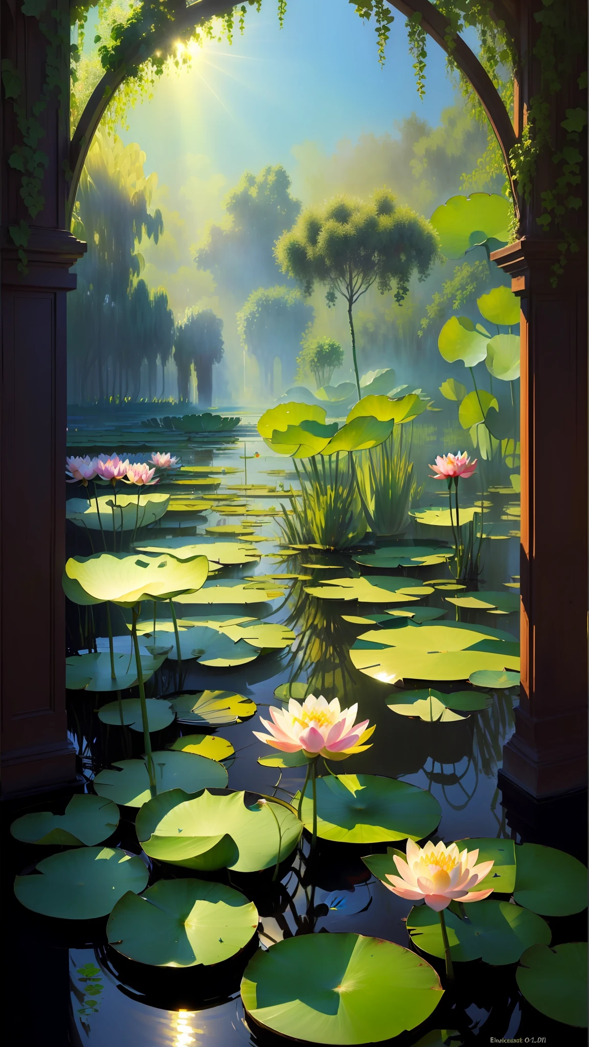 An exquisite masterpiece. Monet's water lily, deep in the lotus pond (colorful, vivid, sunshine, cool light: 1.2), there are several lotus leaves in the pond. Lotus leaves have a clear texture. Morning sun, butterfly, leave a blank