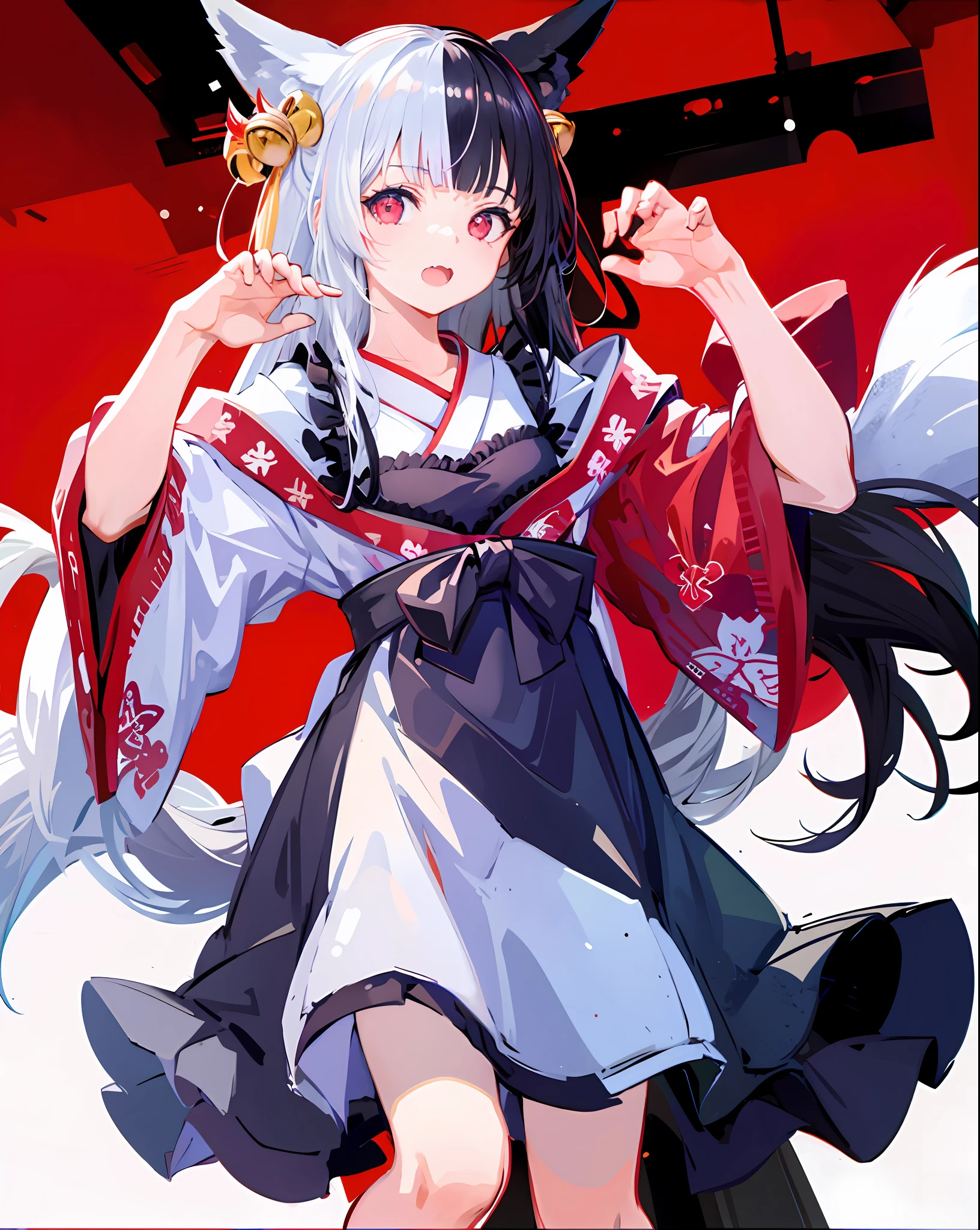 1girl,solo,fox_ears,alicemanabell, open mouth, closed mouth, upper body, (claw pose),skin fang, kimono