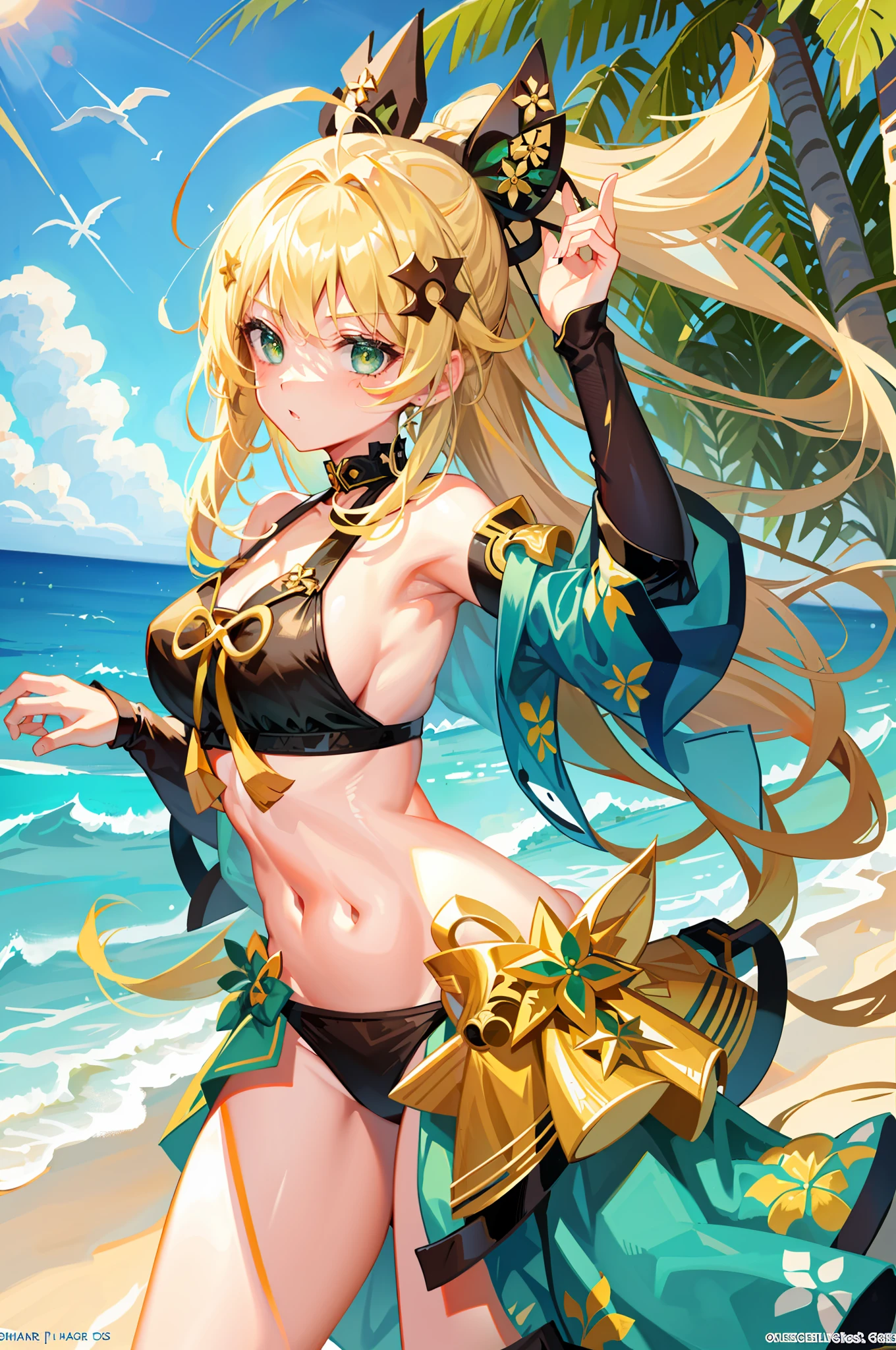 1girl, beautiful, green eyes, blonde hair 1girl, green eyes, ahoge, hair ornament, bikini, beach