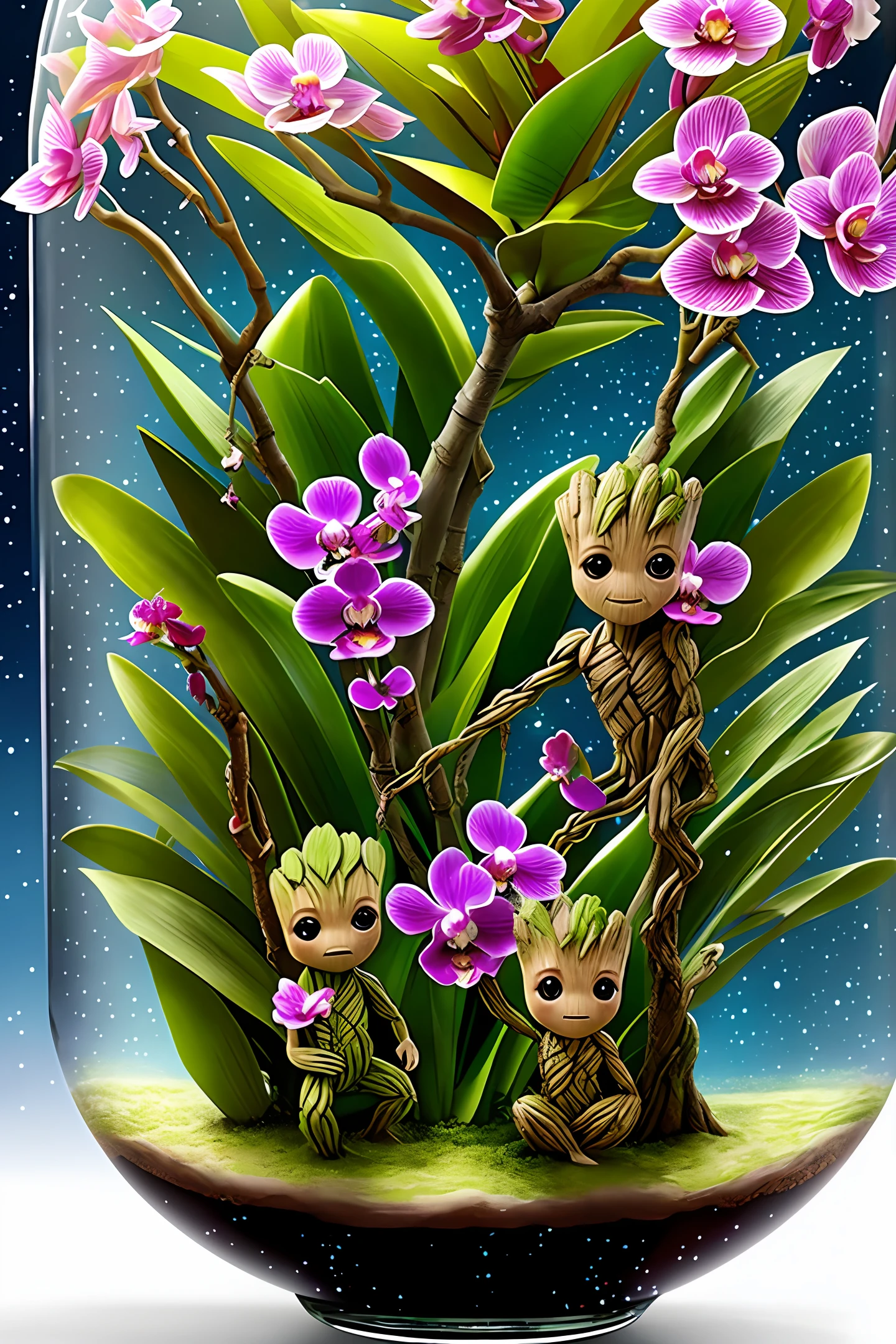  Groot Guardians of the Full-Body Galaxies 
Inside a raining glass jar (with orchids shaped like birds)