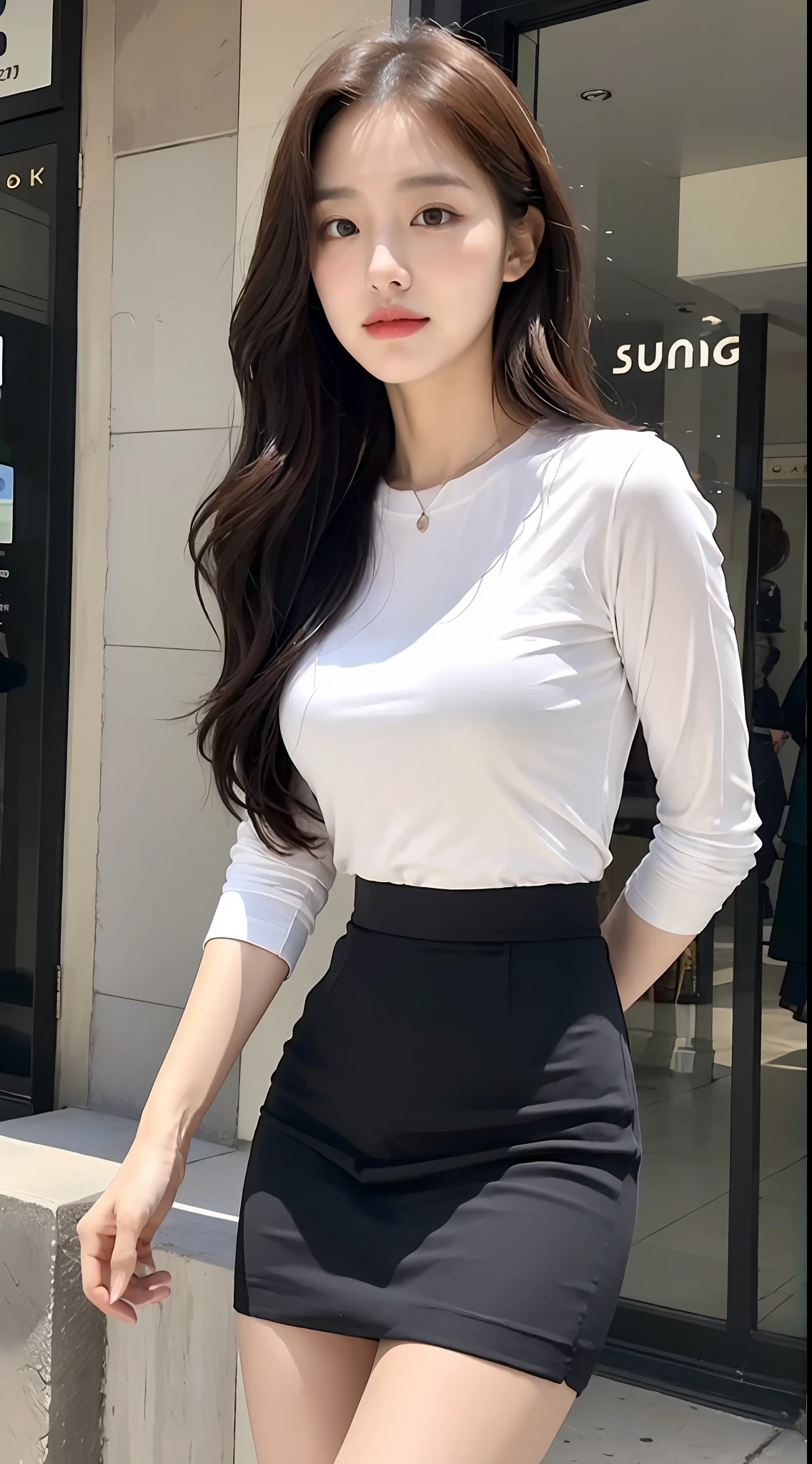 (1 Korean star with royal sister style), ((best quality, 8k, masterpiece: 1.3)), focus: 1.2, perfect body beauty: 1.4 , (funny expression), (city street: 1.3), highly detailed face and skin texture, fine eyes, double eyelids, whitening skin, (air bangs: 1.3), (round face: 1.5), (slim hip skirt: 1.4),