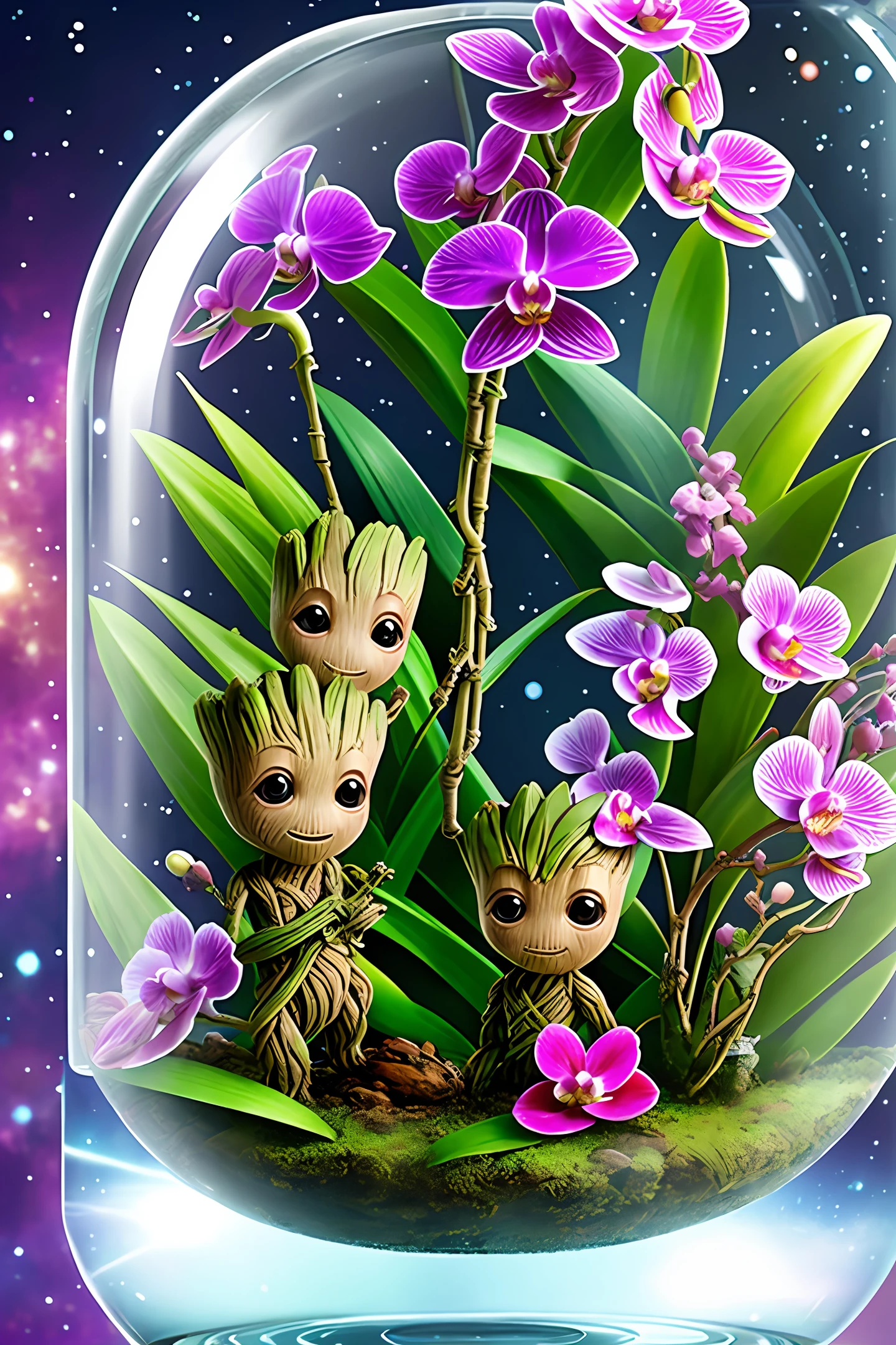 Baby Groot Guardians of the Full-Body Galaxies 
Inside a raining glass jar (with orchids shaped like birds)