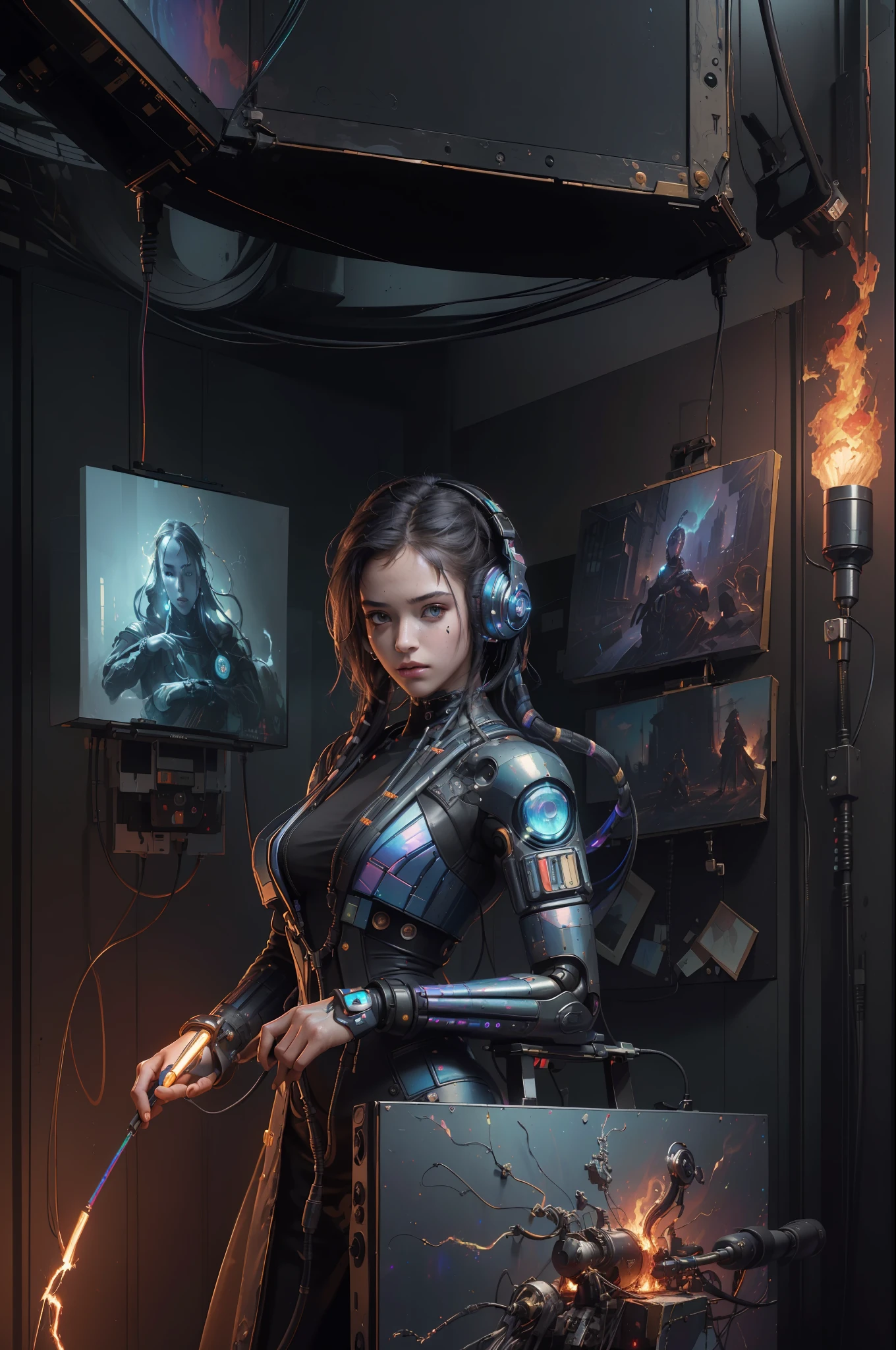 (masterpiece, best quality, highres, absurdres, detailed:1.2), humanoid, robot, wearing headphones, looking away, (cyberpunk, art canvas, paint brush, easel, iridescent, holographic: 1.6), (cables, wires, flames, fire, smoke, overheat, explosion, indoors, room, simple background)