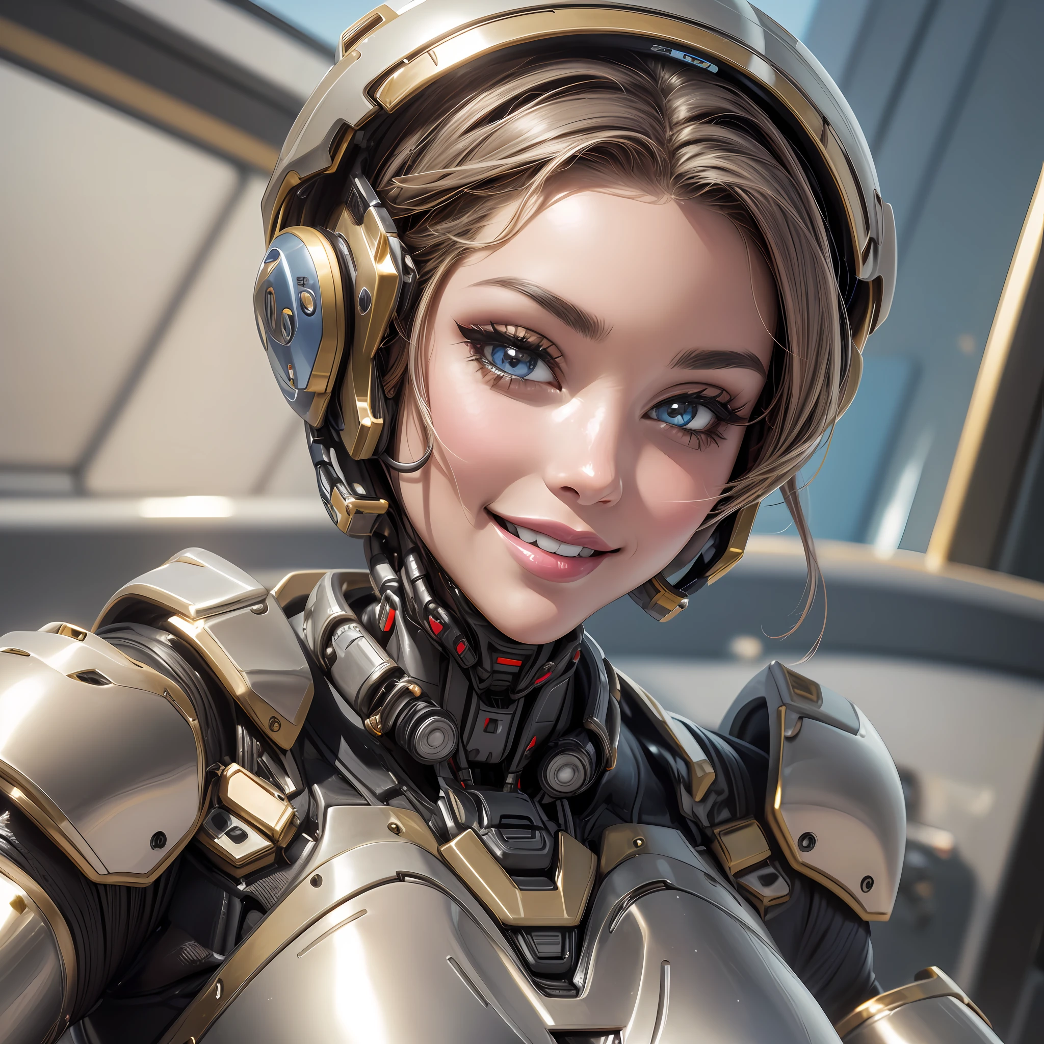 A close-up of a robotic face, its metallic lips curved into a warm, inviting smile. --auto --s2