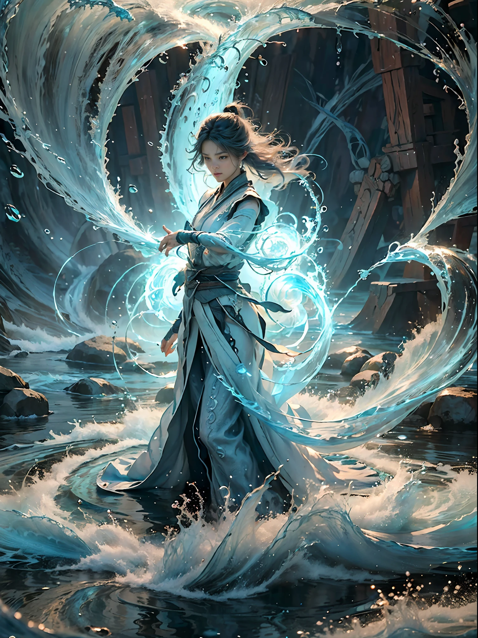 ((best quality)), ((masterpiece)), (detailed), (realistic), (official art), (extremely detailed CG unity 8k wallpaper), (water magic:1.2), (manipulating water:1.1), (elemental control:1.2), (graceful movements:1.1), (aquatic beauty:1.2), (mystical powers:1.2), (serene expression:1.1), (flowing tides:1.2), (sparkling droplets:1.2), (enchanted aura:1.1), (magical incantation:1.2), (rippling waves:1.2), (splendid water formations:1.1), (emerging from a water vortex:1.2), (resonating with nature:1.2), (commanding the elements:1.2), (translucent veil:1.1), (wisdom and power:1.2), (whirlpool of enchantment:1.2), (glowing water glyphs:1.1), (harmony with the sea:1.2), (mysterious origins:1.2), (harmonious balance:1.1), (serene strength:1.2), (spellbinding spectacle:1.2), (immersing in liquid magic:1.1), (embracing her destiny:1.2)