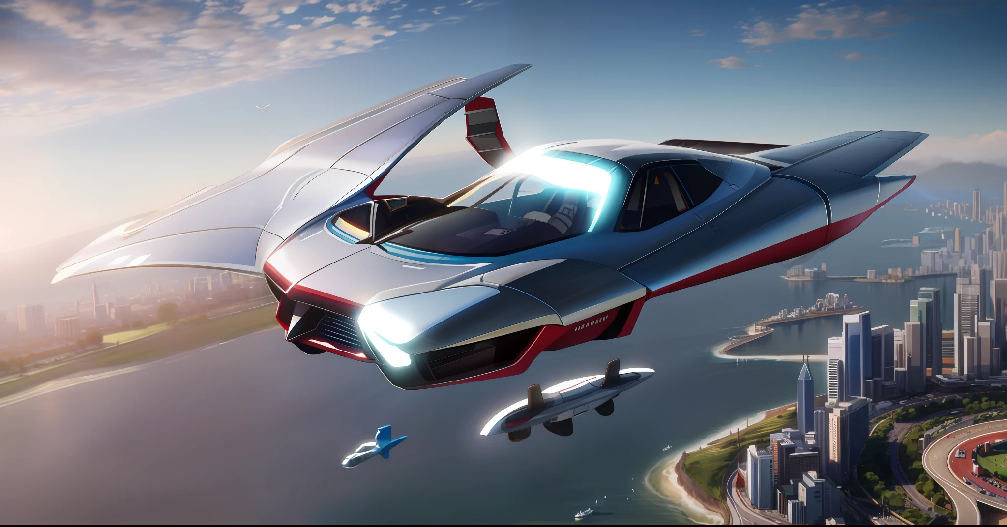 Flying car, realistic image, cinema