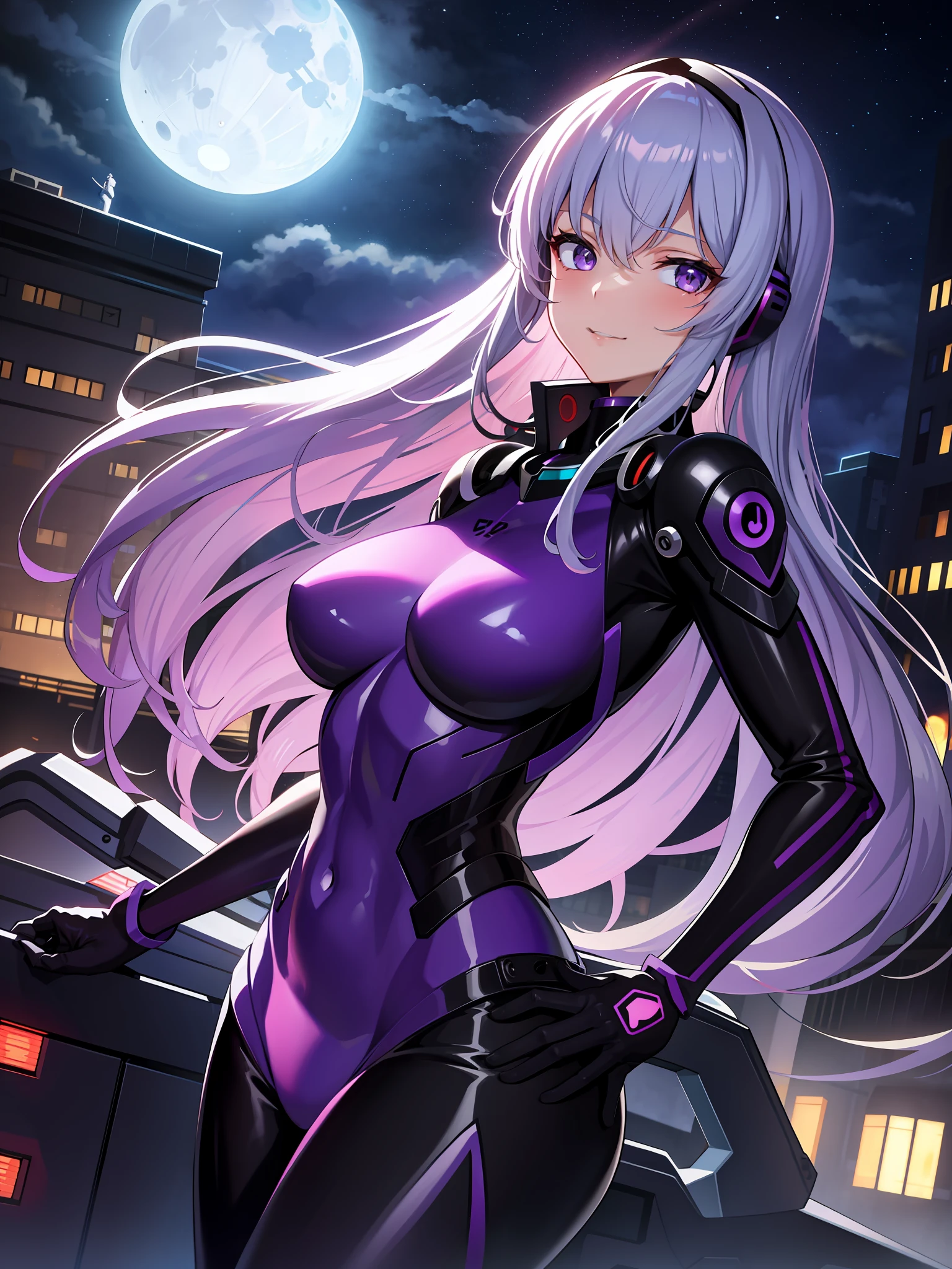 masterpiece, best quality, 1girl, ayanamirei, eva00plugsuit, interface headset, looking at viewer, light smile, city park,upper body,  huge moon, mid night,