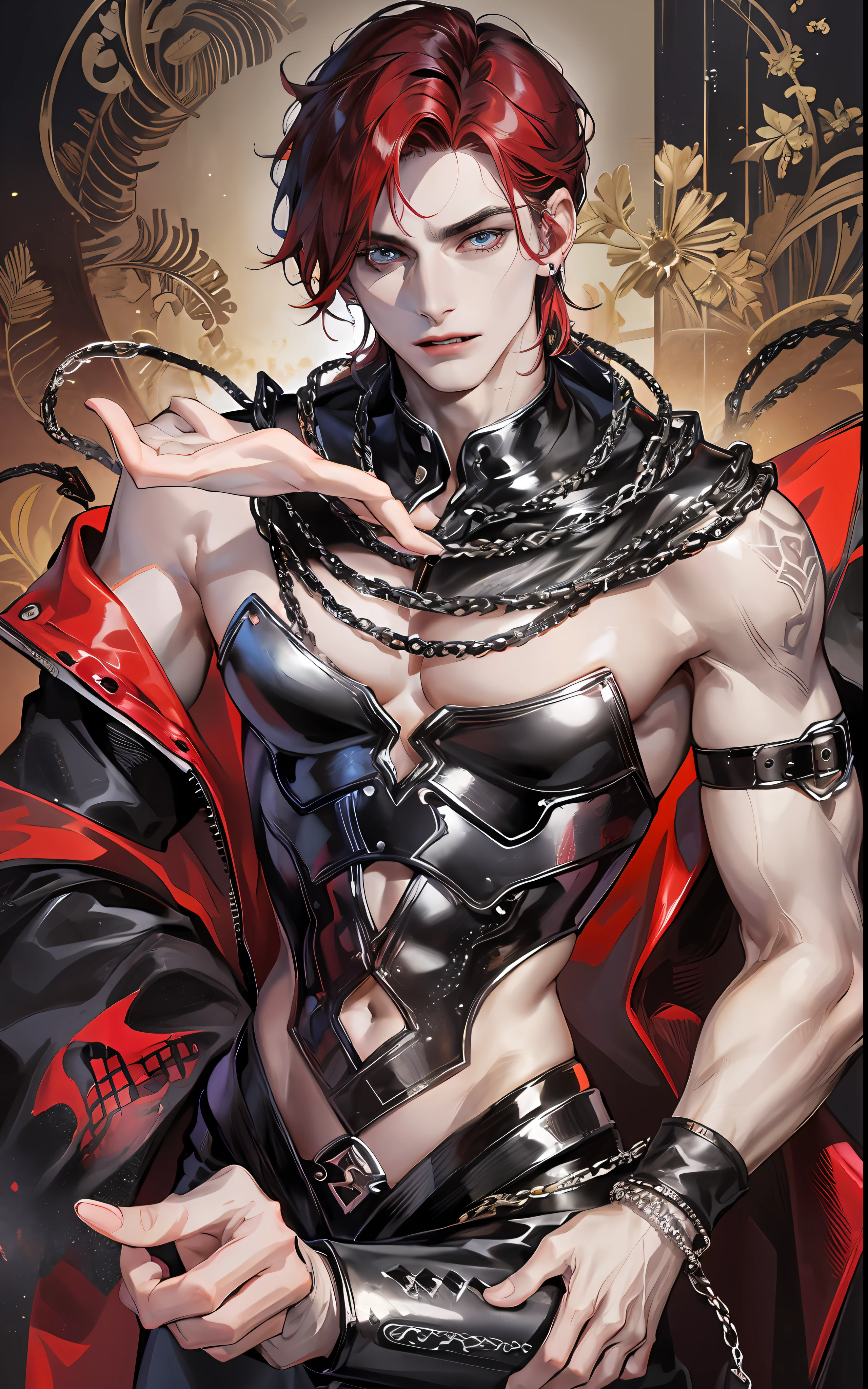 man, vampire, masculine, masculine face, attractive, muscular, ((1man)), masterpiece, absurdres, best quality ,intricate details , (shiny skin, shiny body, shiny oily luster skin, shiny hair, pale skintone), old castle, Sundown, attractive, ((muscular)), adult, one, tattoo in his chest ,black blouse, earrings, black pants, Don't look at the view , Not looking at the view, red short hair, perfect detailed face, perfect detailed hands, vampire fangs, blue eyes, ((MLS)), medium large shoot, perfect hands