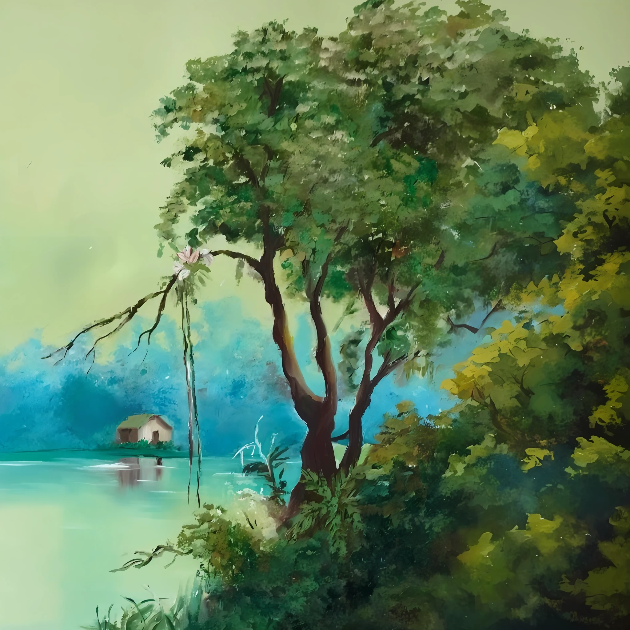 painting of a boat in a lake with a tree and a house in the background, in a serene landscape, oil painting on matte canvas, oil on canvas painting, nature painting, tranquil scene, oil-painting, oil - painting, serene scene, oil panting on canvas, oil paiting, in the style of an oil painting, painting oil on canvas