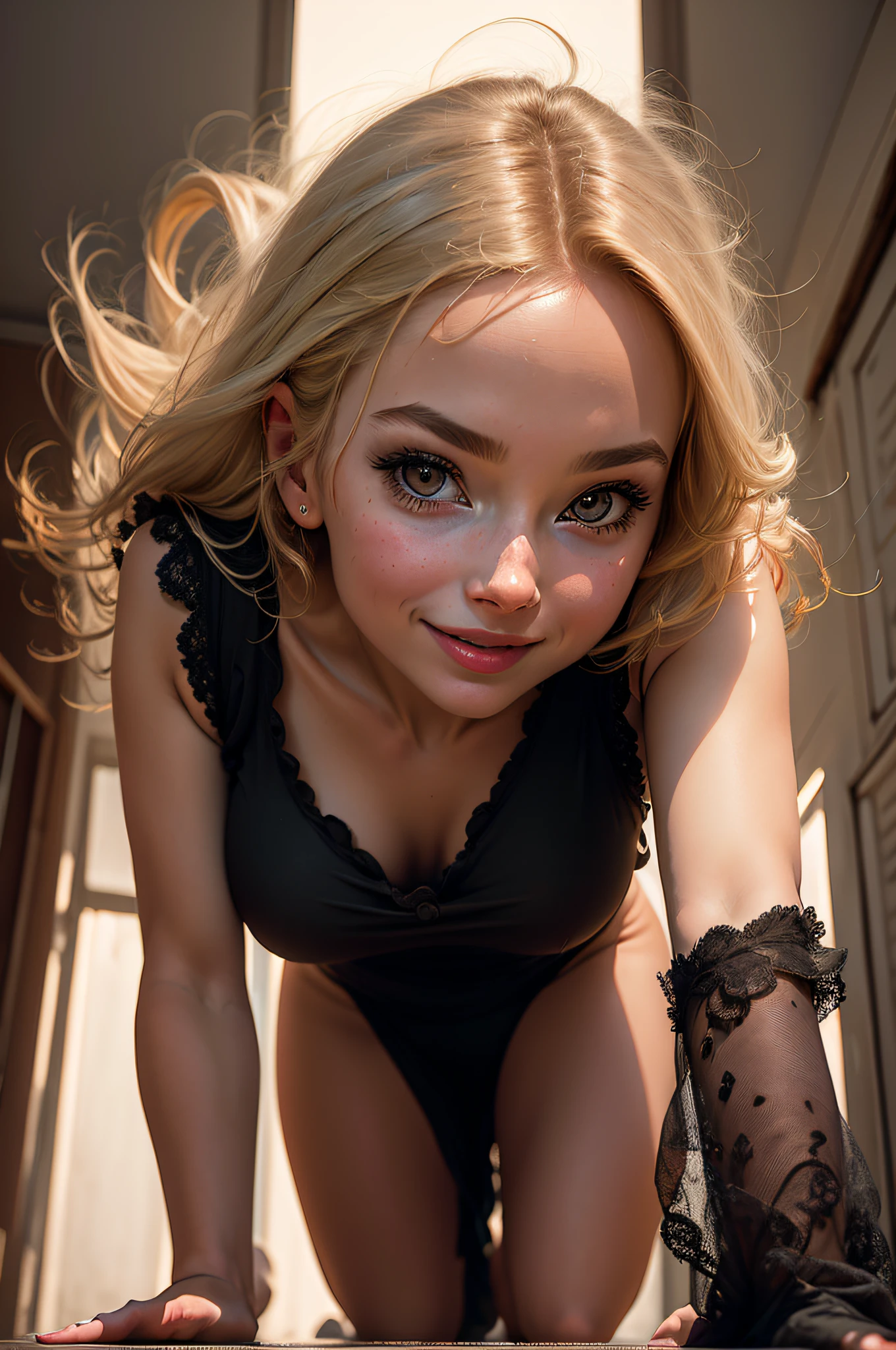 woman, (((from bottom)))), dark room, foreshortening, (seductive pose), looking at the viewer, smiling, blackcutoffs, (eye contact), transparent langerie, photorealistic, masterpiece, realistic, high contrast, hyperdetailed, best quality, ultra high resolution, photorealistic, high resolution, detailed, raw photo,